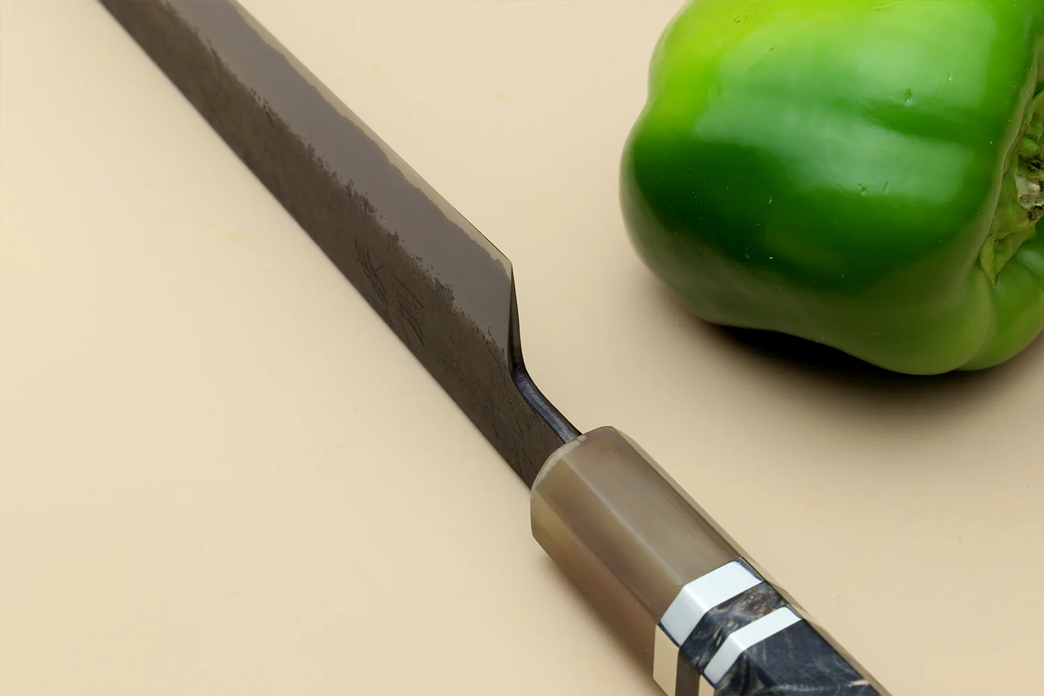 Hayate Hinoura Kurouchi Black-Forged Blue Steel Stainless Clad Sujihiki Slicer Knife - Image 6