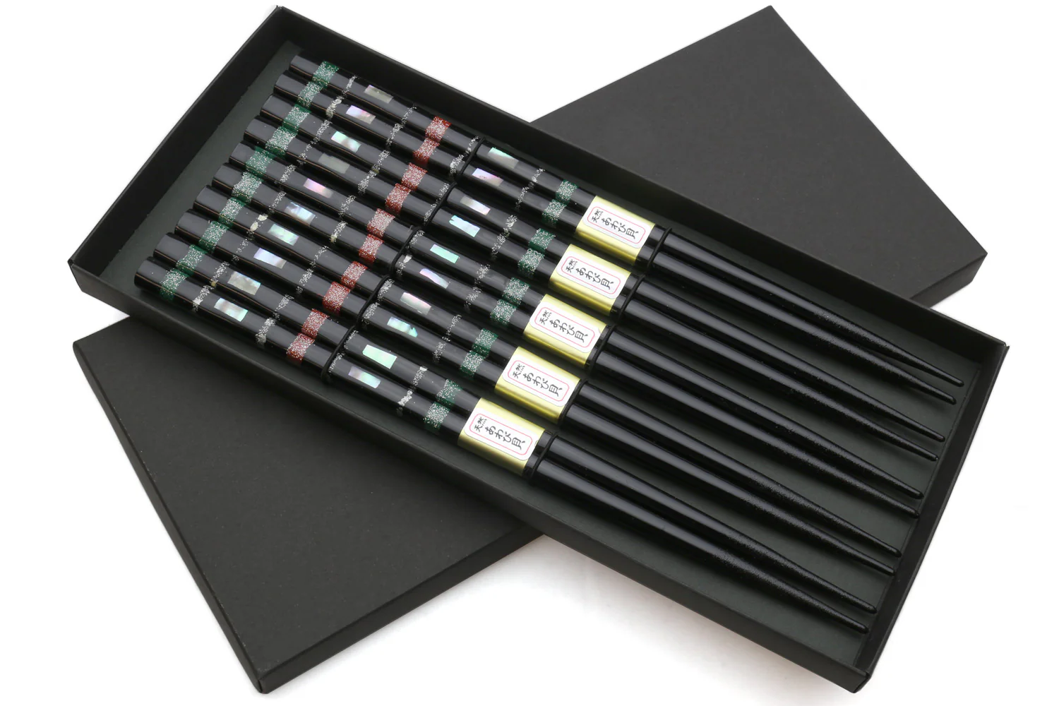 Japanese Premium Chopsticks Black 5pc Set With Traditonal Abalone Shell Pattern VER.1