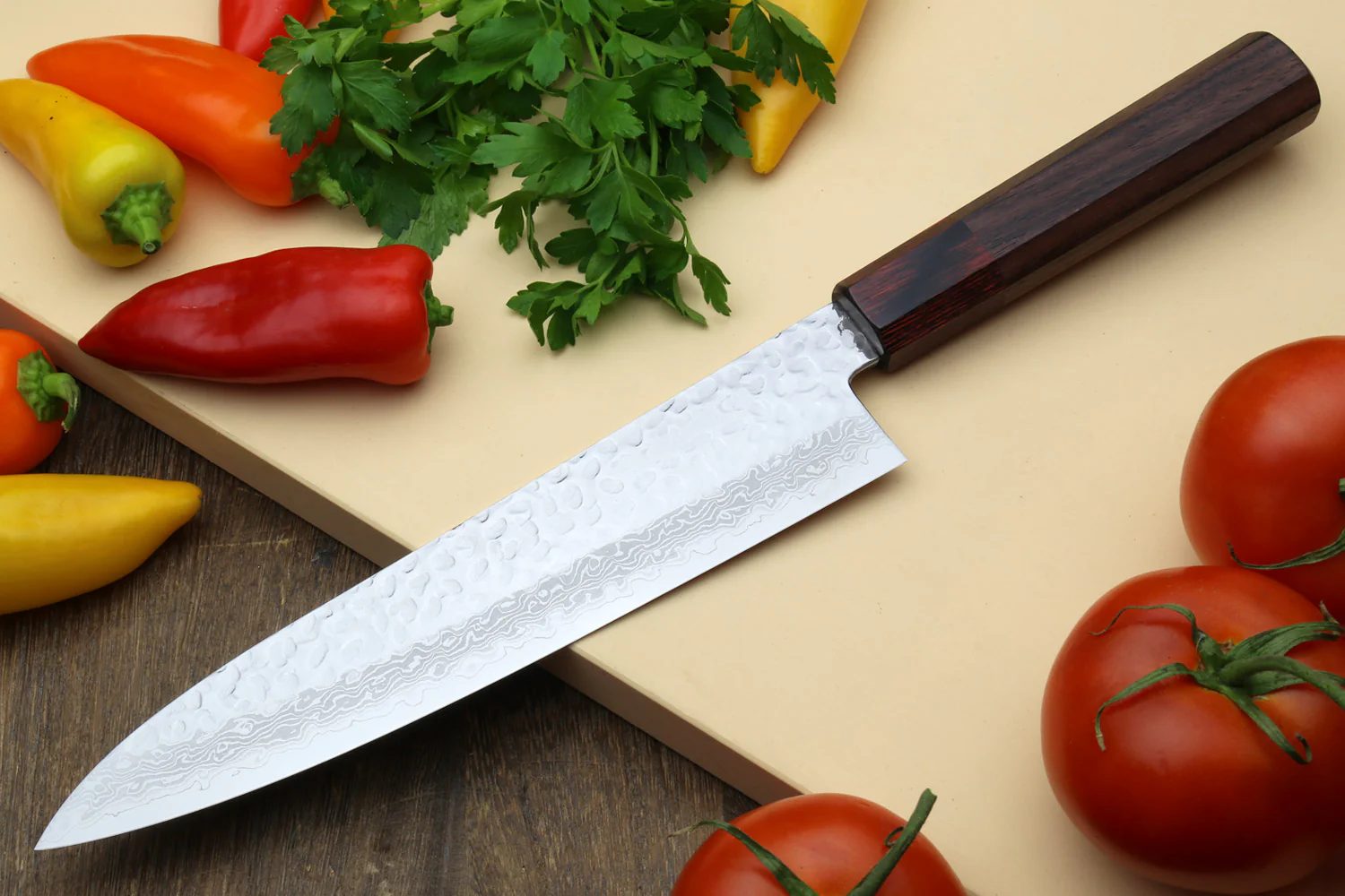 Yoshihiro VG-10 46 Layers Hammered Damascus Gyuto Japanese Chefs Knife (Octagonal Shitan Rosewood Handle) - Image 3