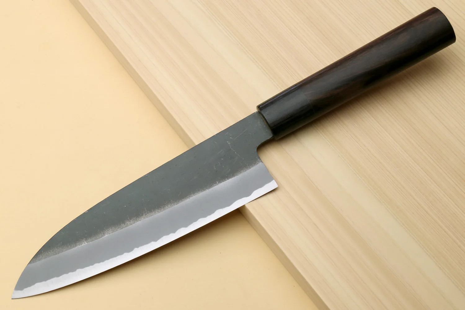 Yoshihiro Black Finish Blue Steel #2 Kurouchi Santoku and Petty Japanese Chef Knife with Saya Cover SET (D-Shape Shitan Handle) - Image 5