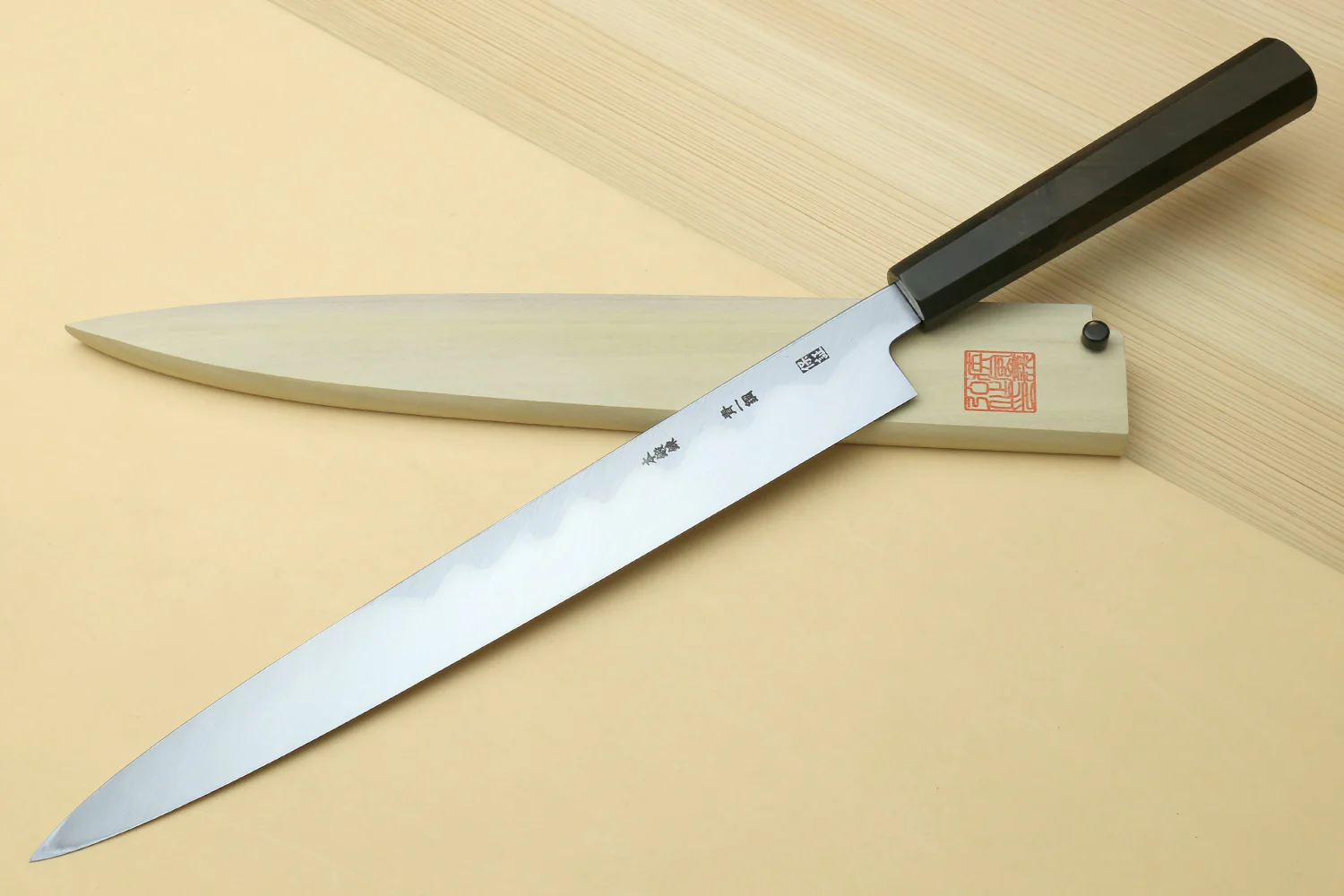 Yoshihiro Aonamiuchi Mirror-Polished Blue Steel #1 Yanagi Sushi Sashimi Japanese Knife Ebony Handle - Image 2