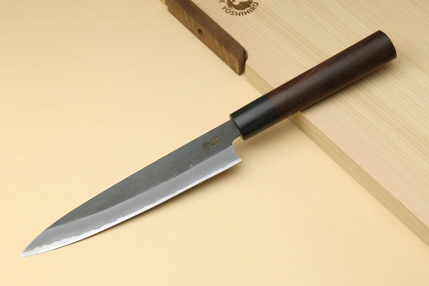 Yoshihiro Black Finish Blue Steel #2 Kurouchi Petty Shitan Handle with Magnolia Saya Cover - Image 5