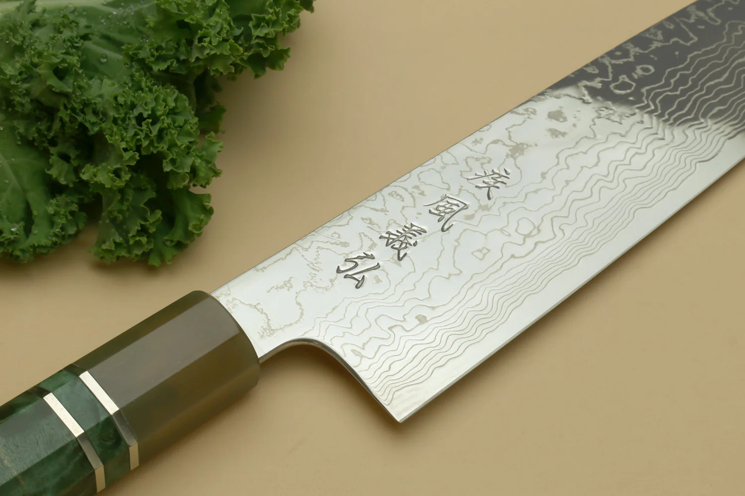 Yoshihiro Damascus SG2 (R2) Semi-Stainless Gyuto Chef Knife, Triple Ring Stabilized Maple Burl Handle - Image 3