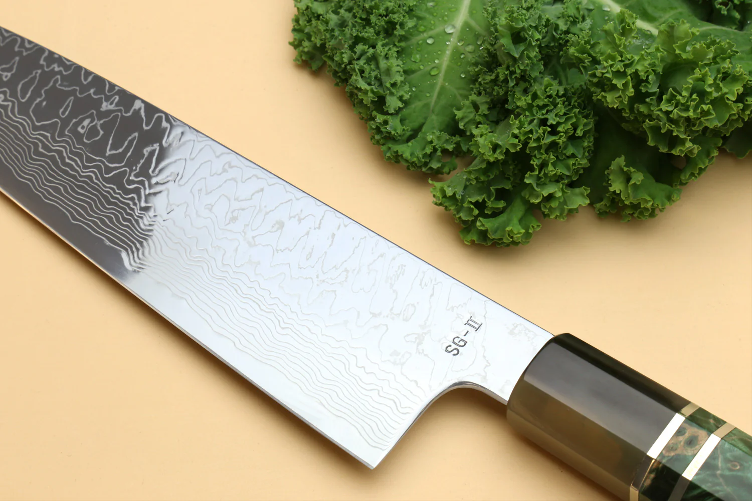 Yoshihiro Damascus SG2 (R2) Semi-Stainless Gyuto Chef Knife, Triple Ring Stabilized Maple Burl Handle - Image 4