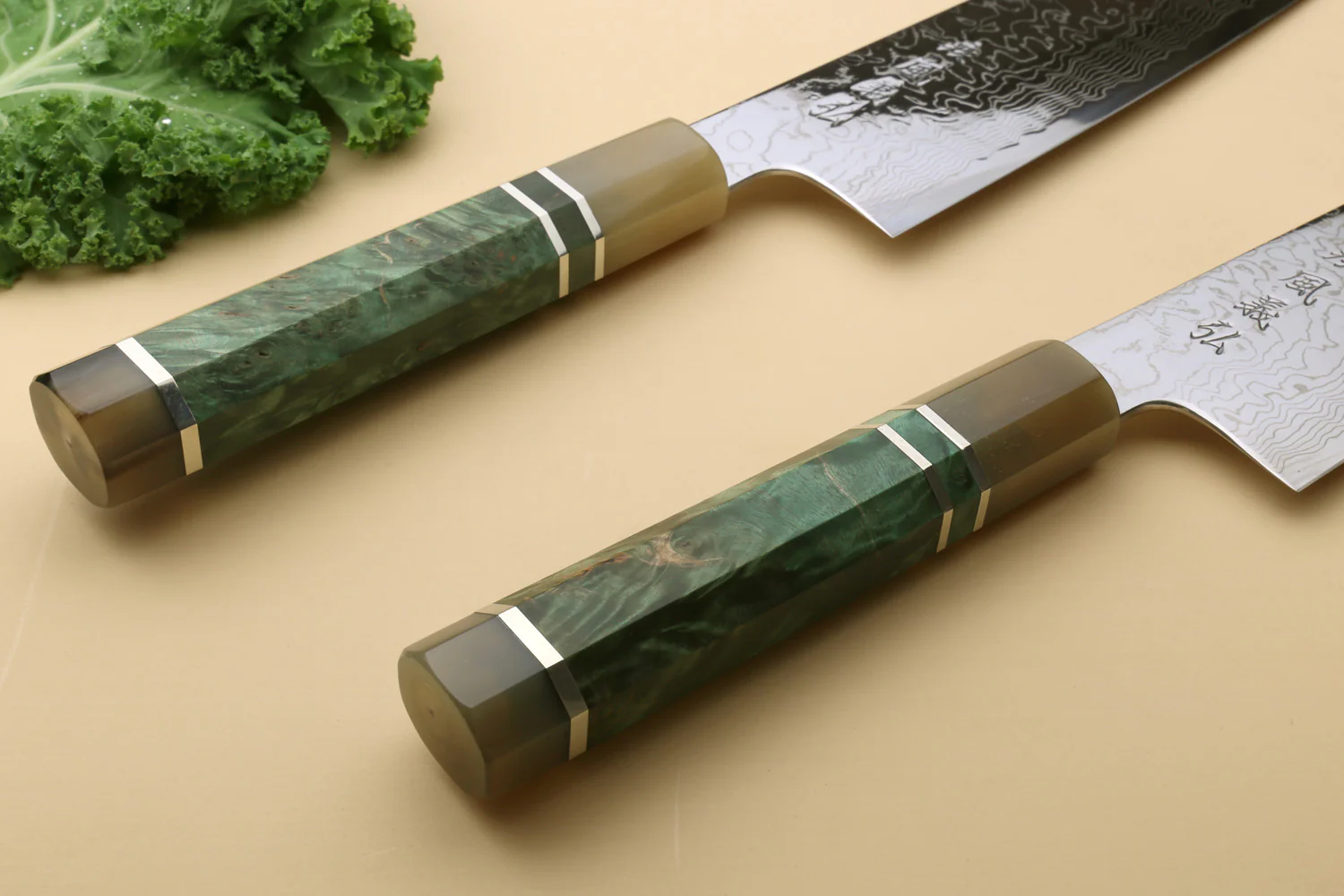 Yoshihiro Damascus SG2 (R2) Semi-Stainless Gyuto Chef Knife, Triple Ring Stabilized Maple Burl Handle - Image 7