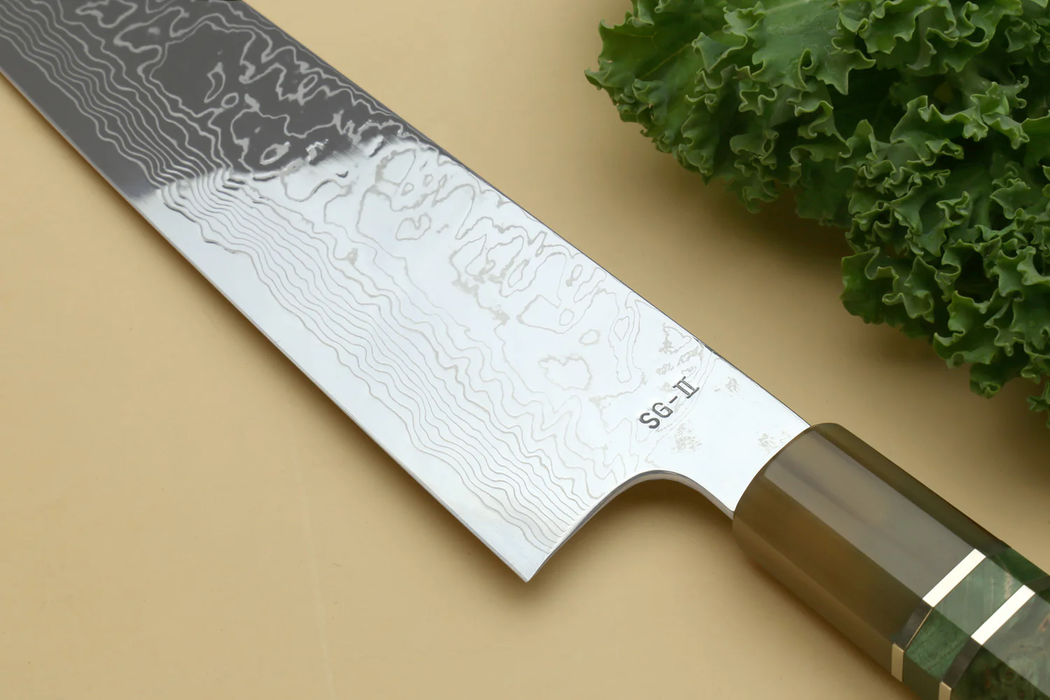 Yoshihiro Damascus SG2 (R2) Semi-Stainless Kiritsuke Chef Knife, Triple Ring Stabilized Maple Burl Handle 270mm - Image 5