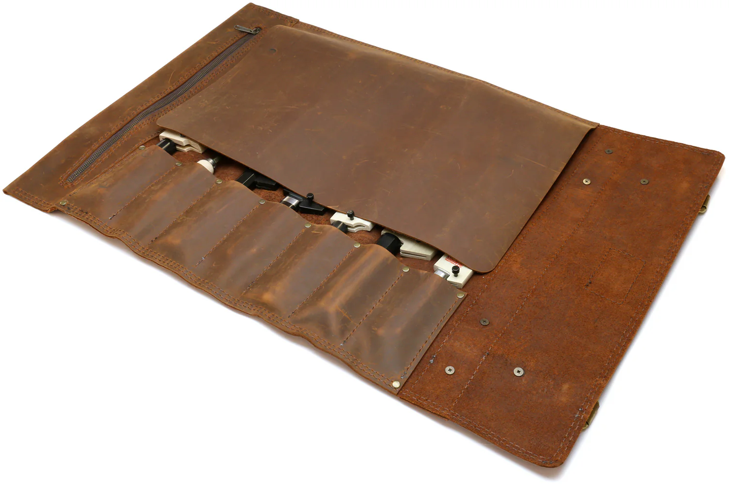 Yoshihiro Genuine Natural Leather Knife Culinary Roll Storage Bag Case Brown - Image 9