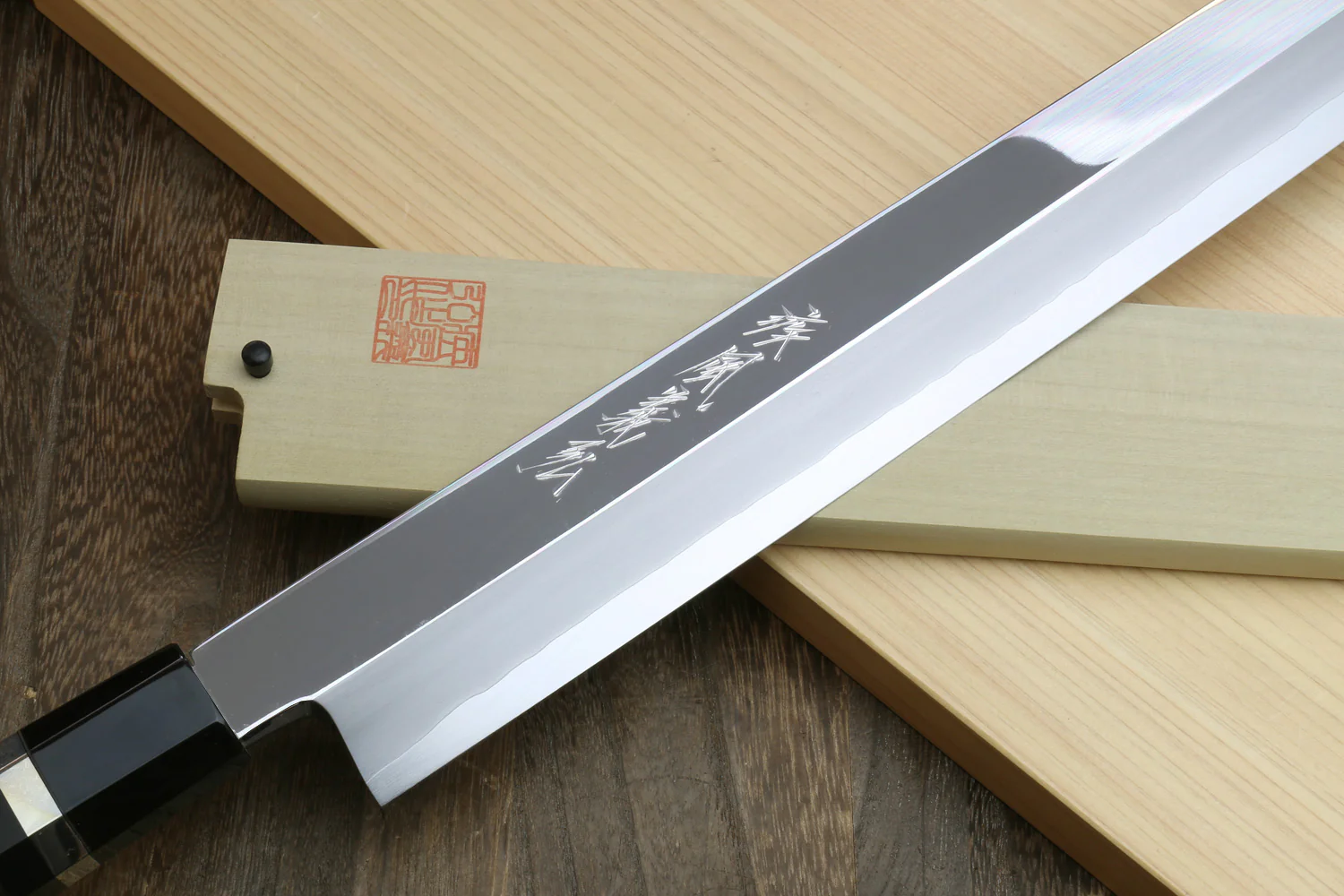 Yoshihiro Ginsan Mirror Polished Stain Resistant Steel Maguro Bocho Tuna Knife with Triple Silver Ring Ebony Handle (Yanagi-Kiritsuke Style) *Blade Length 17.7" - Image 5