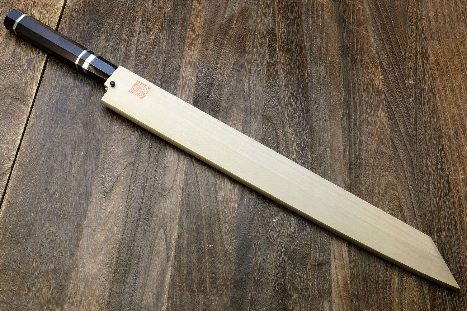 Yoshihiro Ginsan Mirror Polished Stain Resistant Steel Maguro Bocho Tuna Knife with Triple Silver Ring Ebony Handle (Yanagi-Kiritsuke Style) *Blade Length 17.7" - Image 9