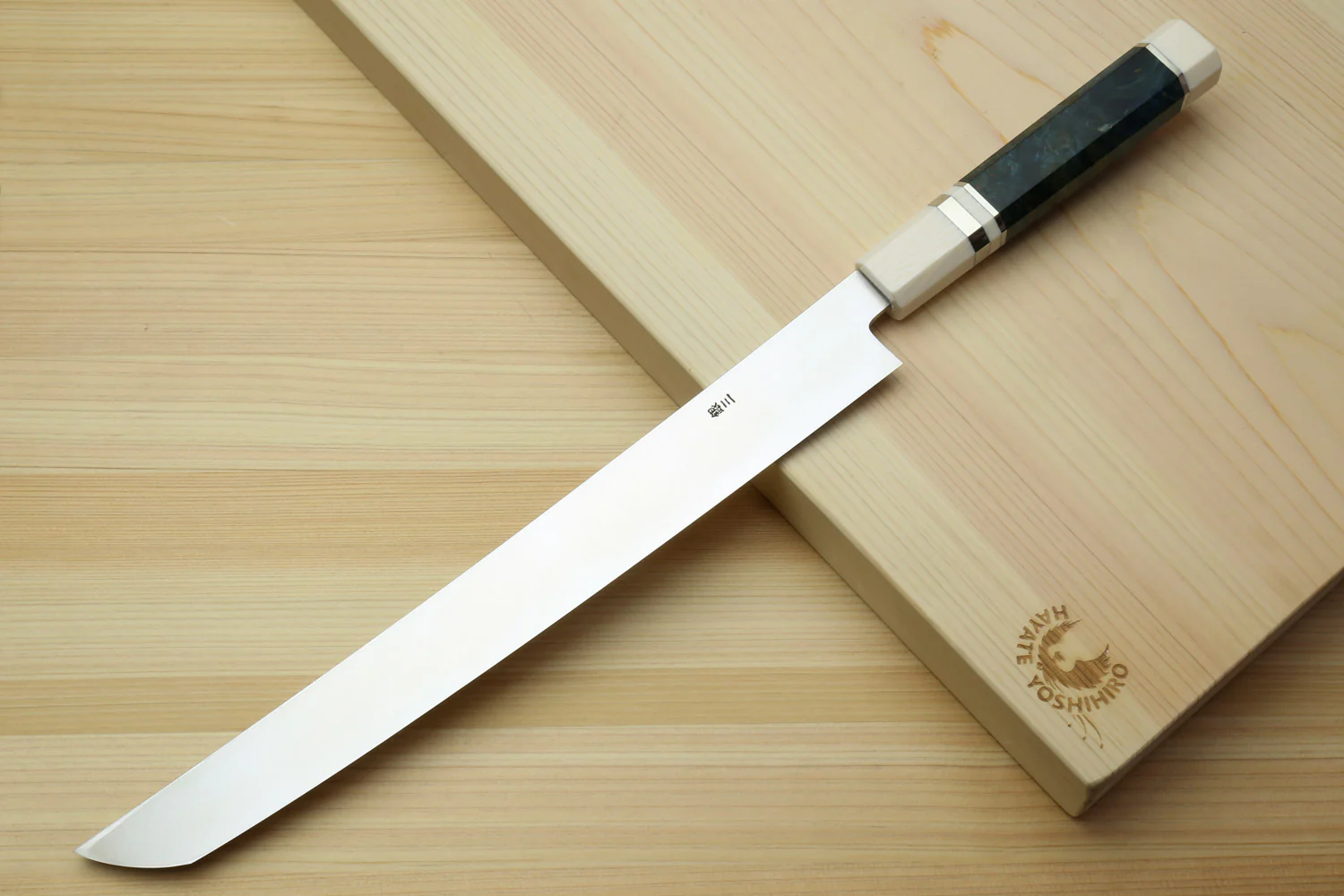 Yoshihiro Ginsan Mirror Polished Stain Resistant Steel Sakimaru Takobiki Sushi Sashimi Slicer with Ocean Blue Handle with Ivory Bolster — Blade Length 11.8" (300mm) - Image 2