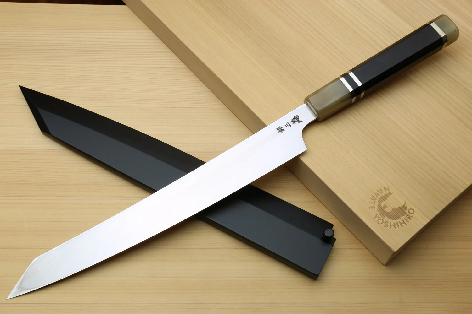 Yoshihiro Gintsuru Ginsan Stainless Steel Yanagi Kiritsuke Mirror Finished Sushi Sashimi Japanese Knife Ebony Handle with Triple Ring Ebony Handle - Image 2