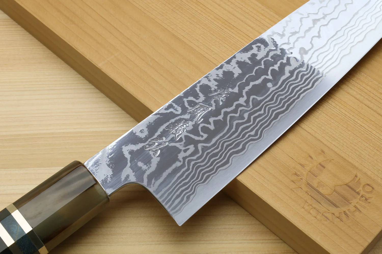 Yoshihiro HAP40 High Speed Stainless Steel Damascus Gyuto Chefs Knife with Ocean Blue Handle - Image 3