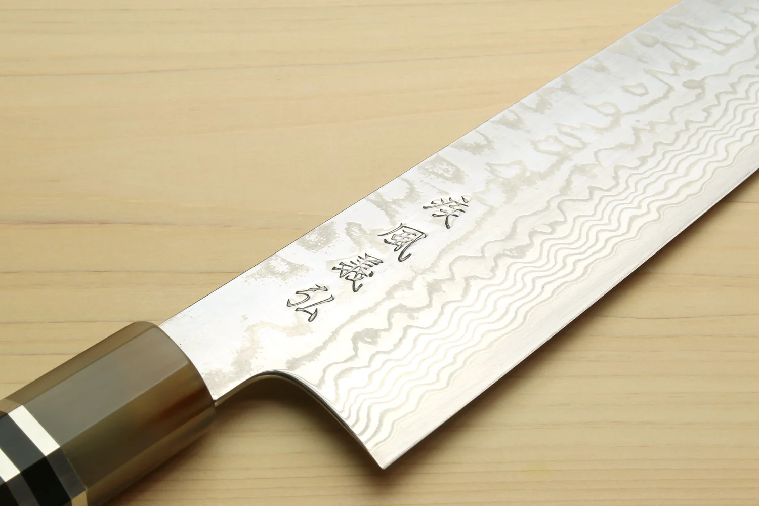 Yoshihiro HAP40 High Speed Stainless Steel Damascus Kiritsuke Multipurpose Chefs Knife, Octagonal Ebony Wood Handle with Triple Ring - Image 3