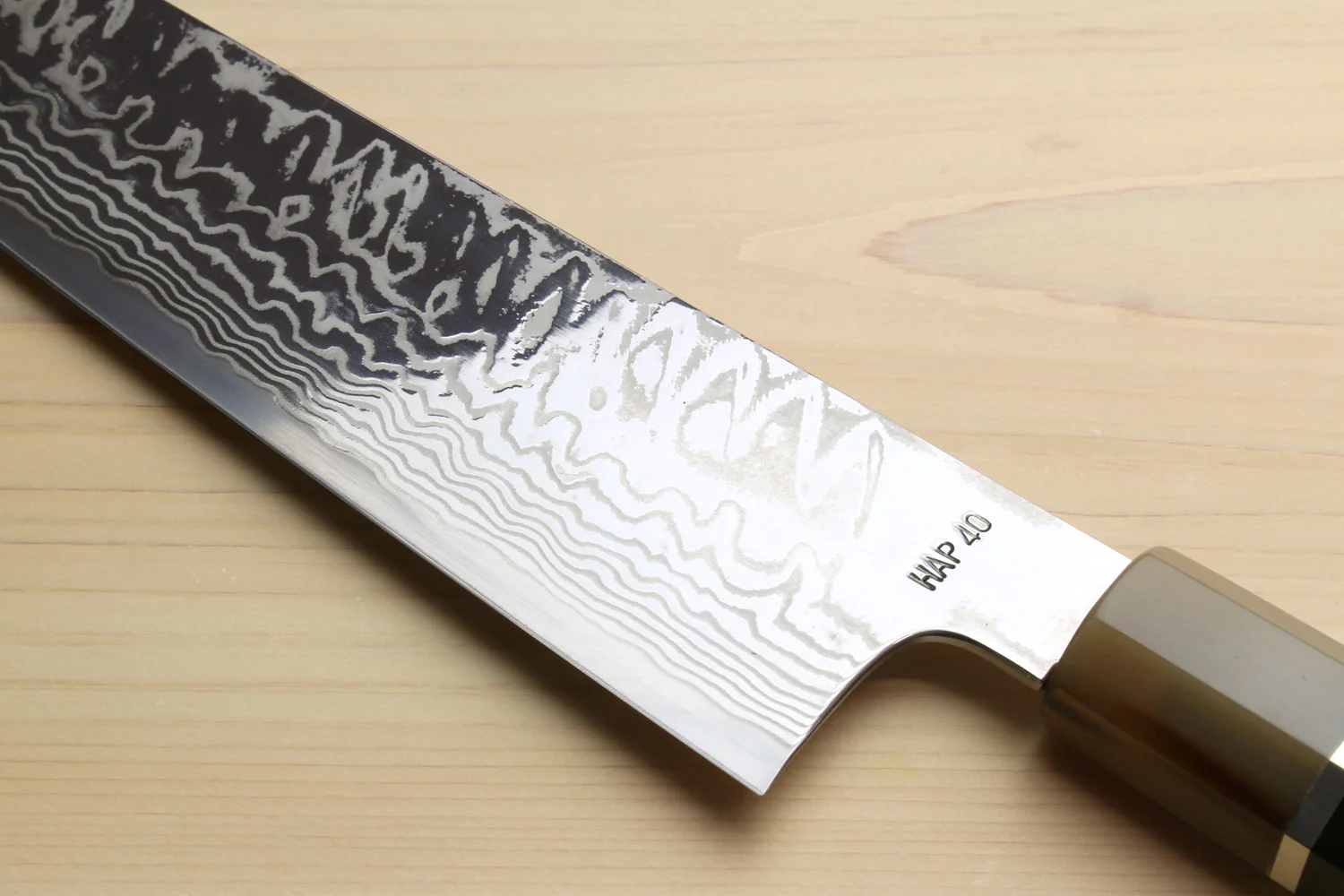 Yoshihiro HAP40 High Speed Stainless Steel Damascus Kiritsuke Multipurpose Chefs Knife, Octagonal Ebony Wood Handle with Triple Ring - Image 4