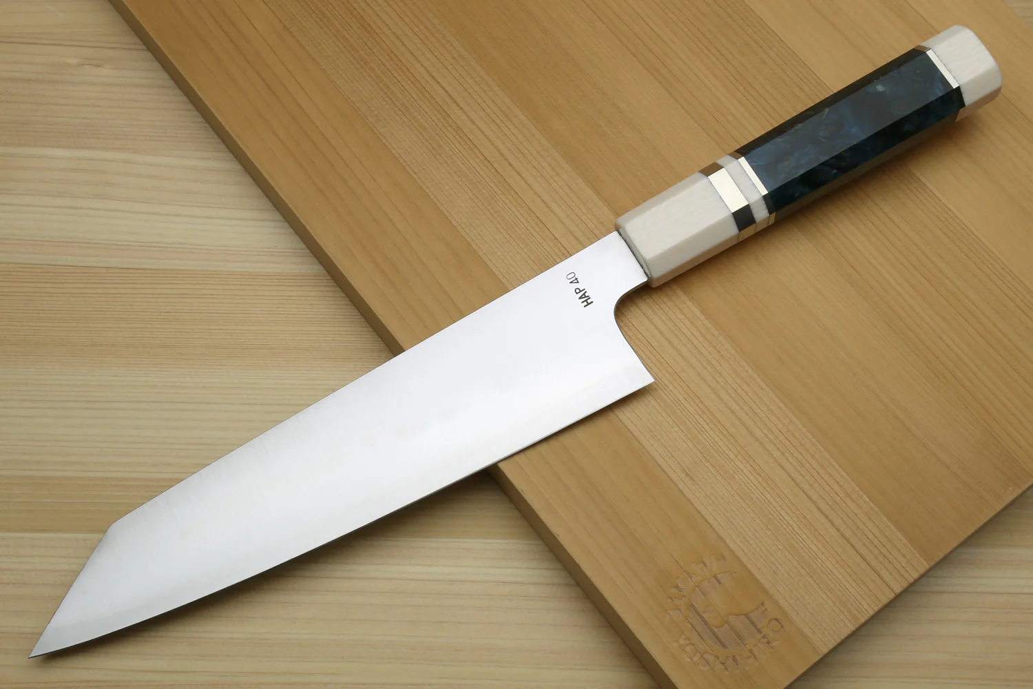 Yoshihiro HAP40 High Speed Stainless Steel Kiritsuke Multipurpose Chefs Knife Ocean Blue Handle with Alternative Ivory Bolster - Image 2