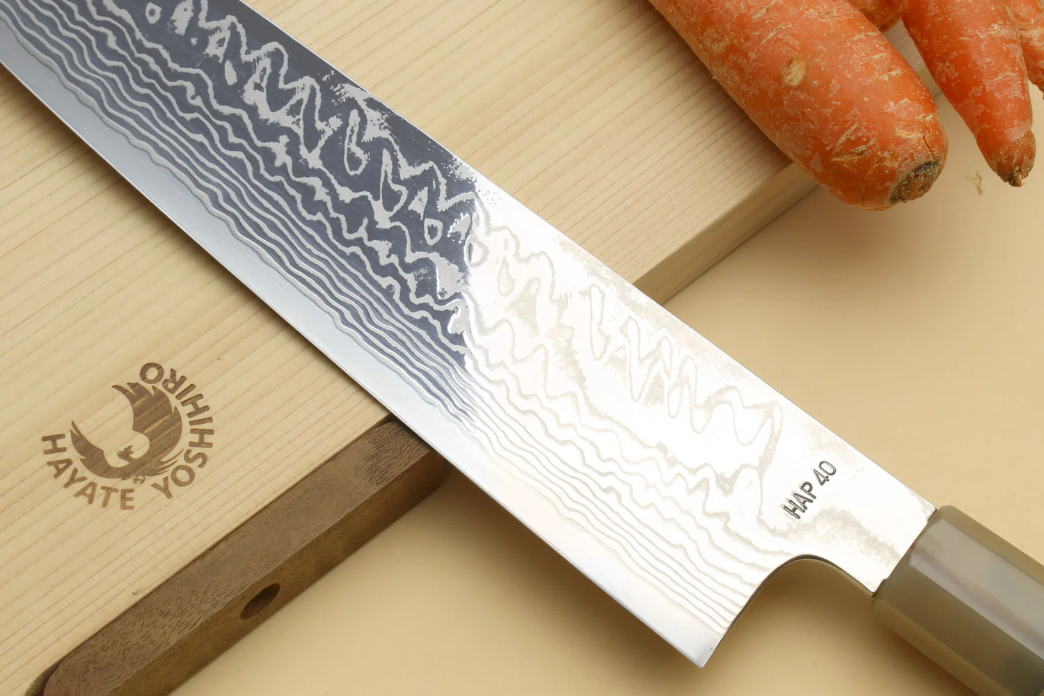 Yoshihiro HAP40 High Speed Stainless Steel Damascus Kiritsuke Multipurpose Chefs Knife, Triple Ring Stabilized Maple Burl Handle - Image 4