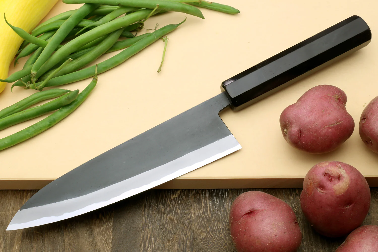 Yoshihiro High Carbon Blue Steel #2 Kurouchi Gyuto Japanese Multipurpose Knife with Ebony Wood Handle - Image 3