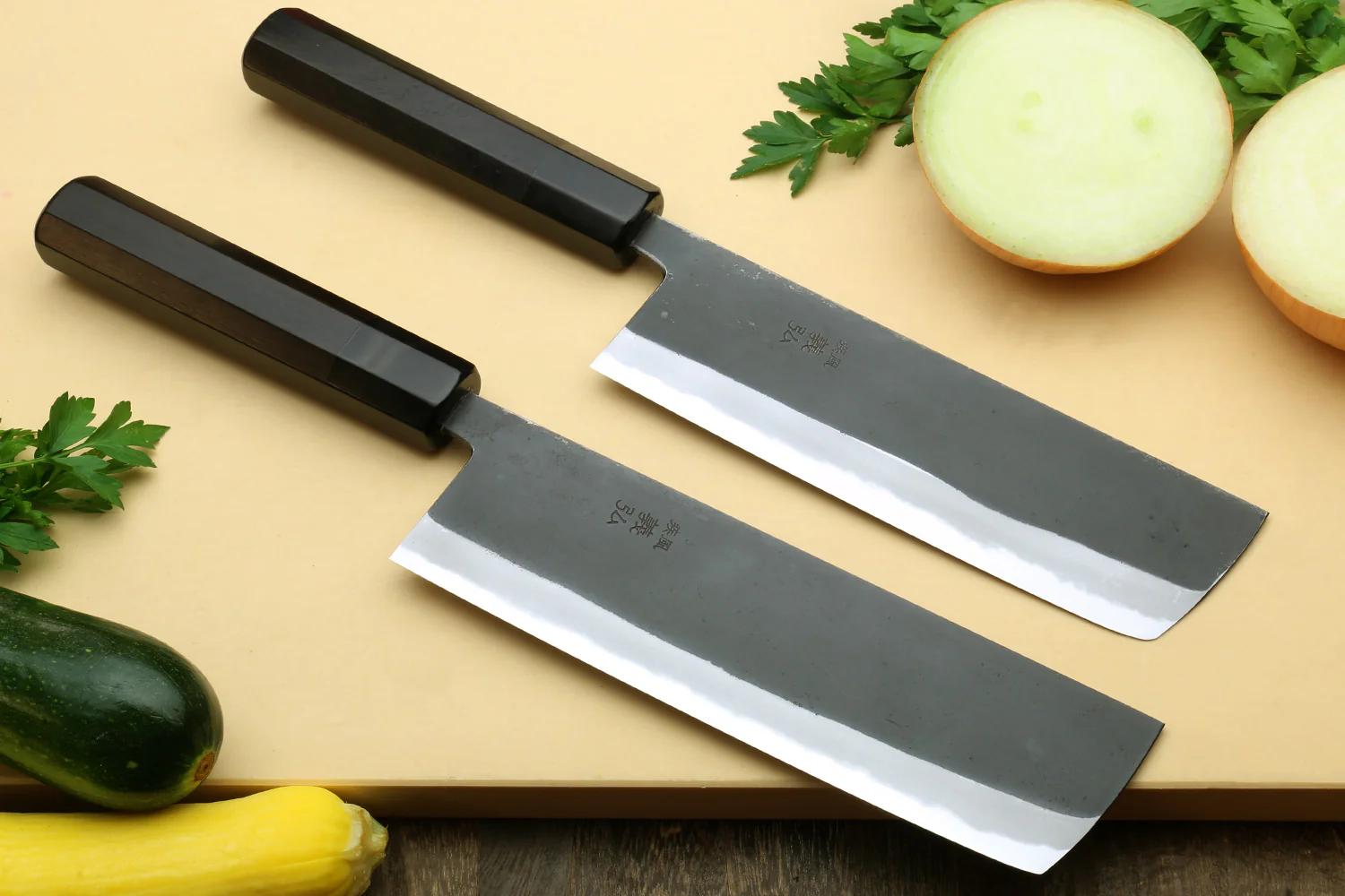 Yoshihiro High Carbon Blue Steel #2 Kurouchi Nakiri Japanese Vegetable Knife with Ebony Wood Handle - Image 7