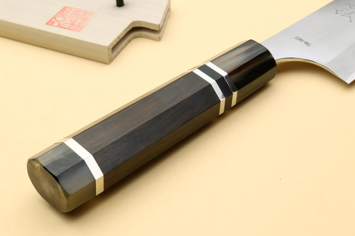 Yoshihiro High Speed Steel HAP40 Gyuto Chefs Knife with Triple Ring Ebony Handle with Magnolia Saya Cover (Blade Length 8.25" (210mm)) - Image 7