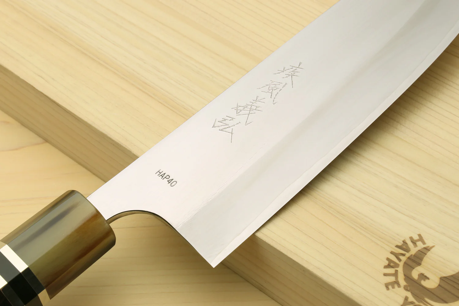 Yoshihiro High Speed Steel HAP40 Santoku Multipurpose Chefs Knife, Octagonal Ebony Wood Handle with Triple Ring - Image 3