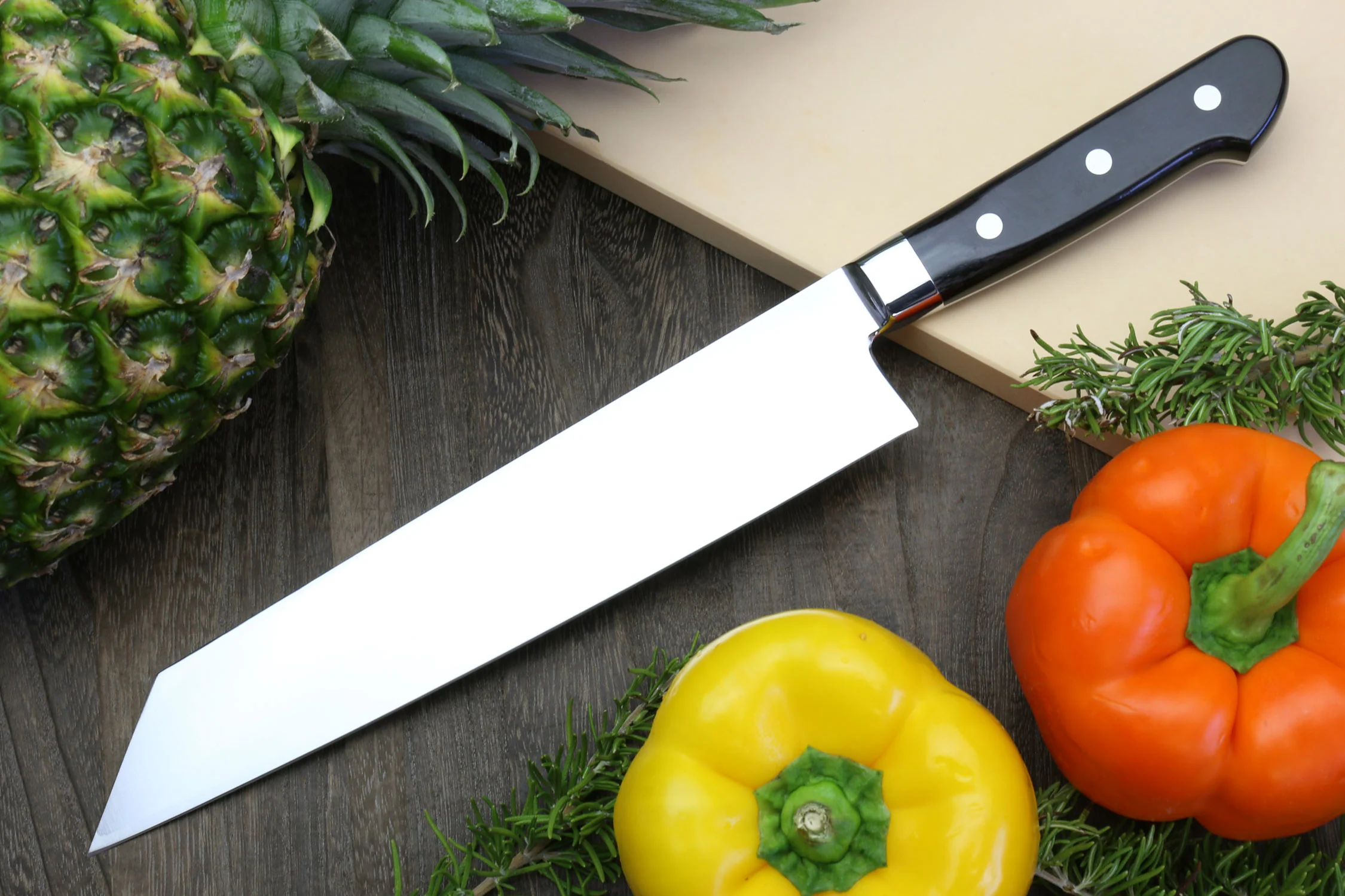 Yoshihiro High Speed Steel Kiritsuke Multipurpose Chefs Knife (Black Pakkawood Handle) - Image 3