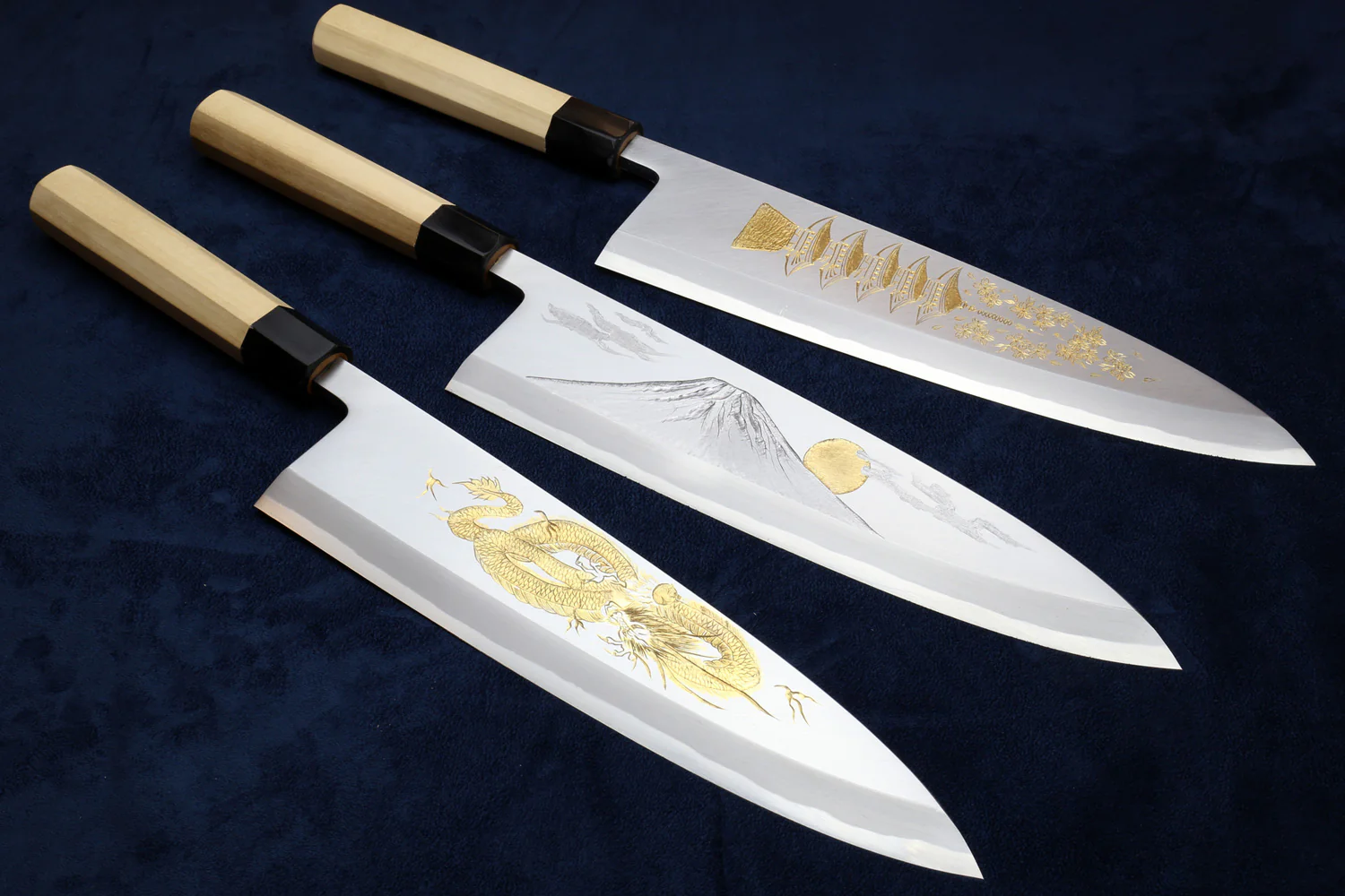 Yoshihiro Hongasumi White Steel Deba Fish Fillet Knife — Hand-Etched Gold 3-SET, Limited Edition, 300mm (Magnolia Handles)
