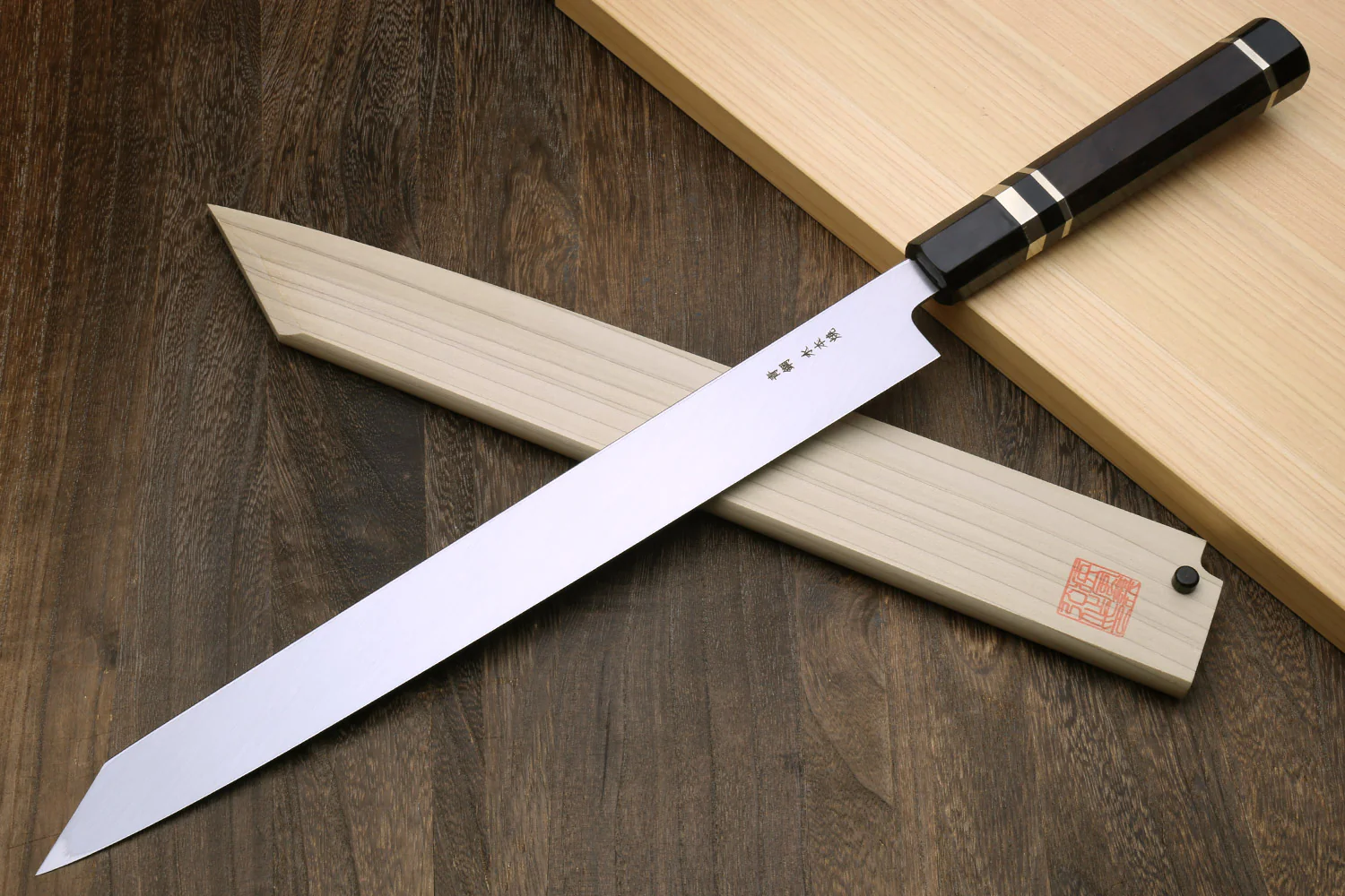 Yoshihiro Mizu Honyaki Mirror Finished Blue Steel Yanagi-Kiritsuke Sushi Sashimi Japanese Knife with Sterling Silver Ring Ebony Handle - Image 4