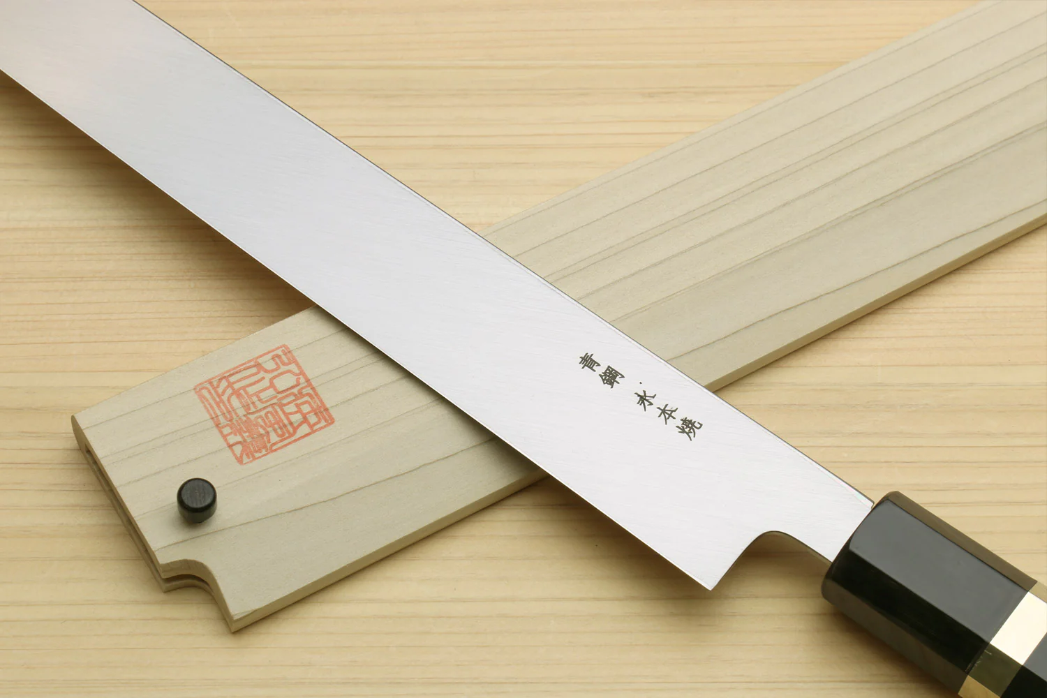 Yoshihiro Mizu Honyaki Mirror Finished Blue Steel Yanagi-Kiritsuke Sushi Sashimi Japanese Knife with Sterling Silver Ring Ebony Handle - Image 5