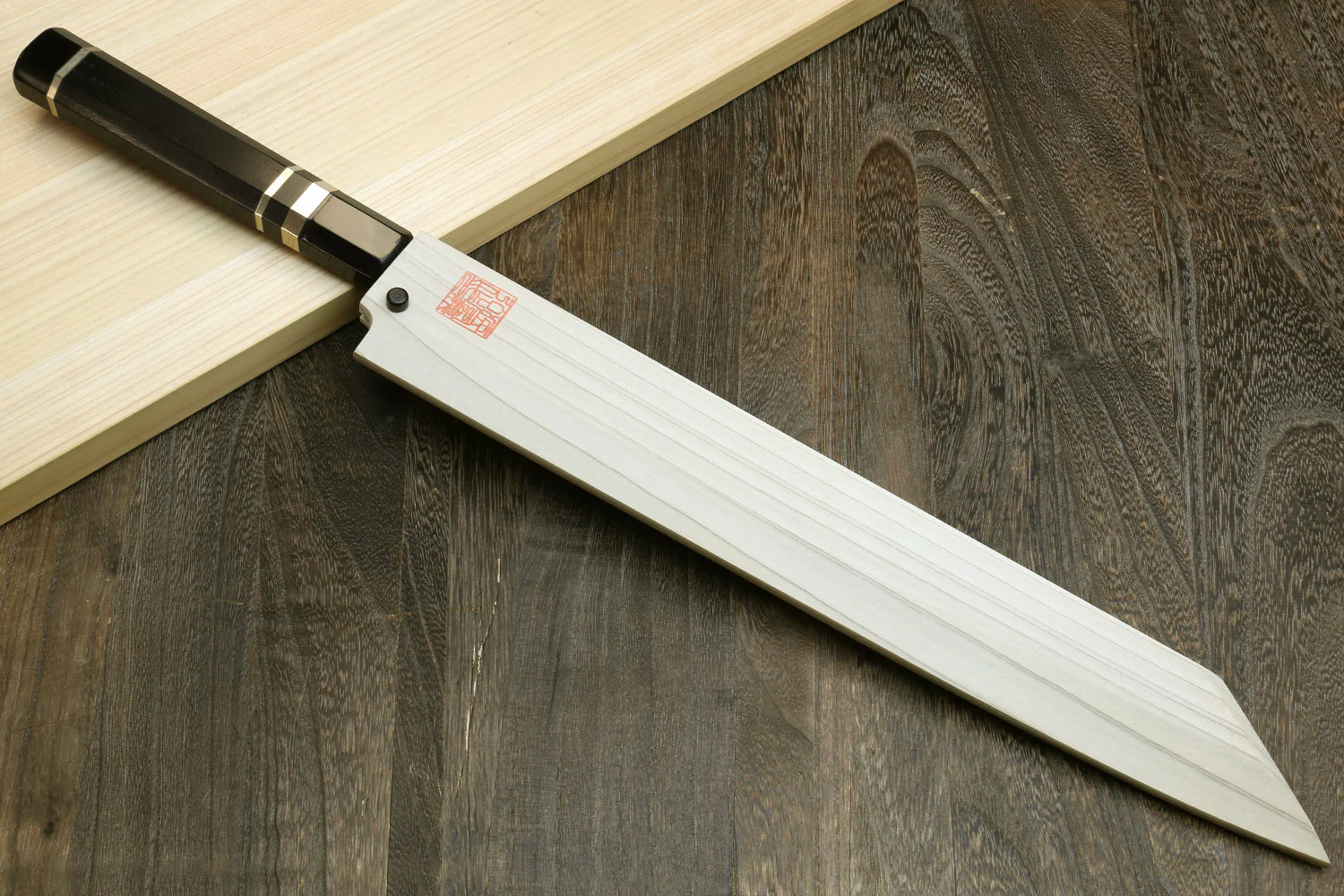 Yoshihiro Mizu Honyaki Mirror Finished Blue Steel Yanagi-Kiritsuke Sushi Sashimi Japanese Knife with Sterling Silver Ring Ebony Handle - Image 9