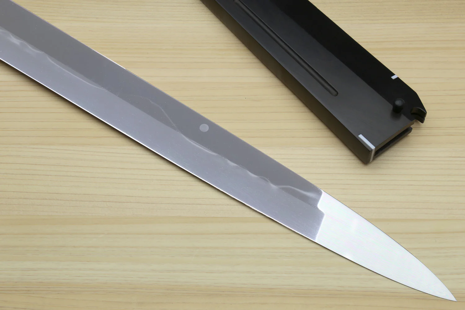 Yoshihiro Ikeda Honyaki White Steel Two Sided Mirror-Finished Mt. Fuji with Full Moon (*Crescent Moon on back) 330mm Yanagi Premium Triple Nickel Silver Ring Ebony Handle - IKEDA Limited Edition - Image 5
