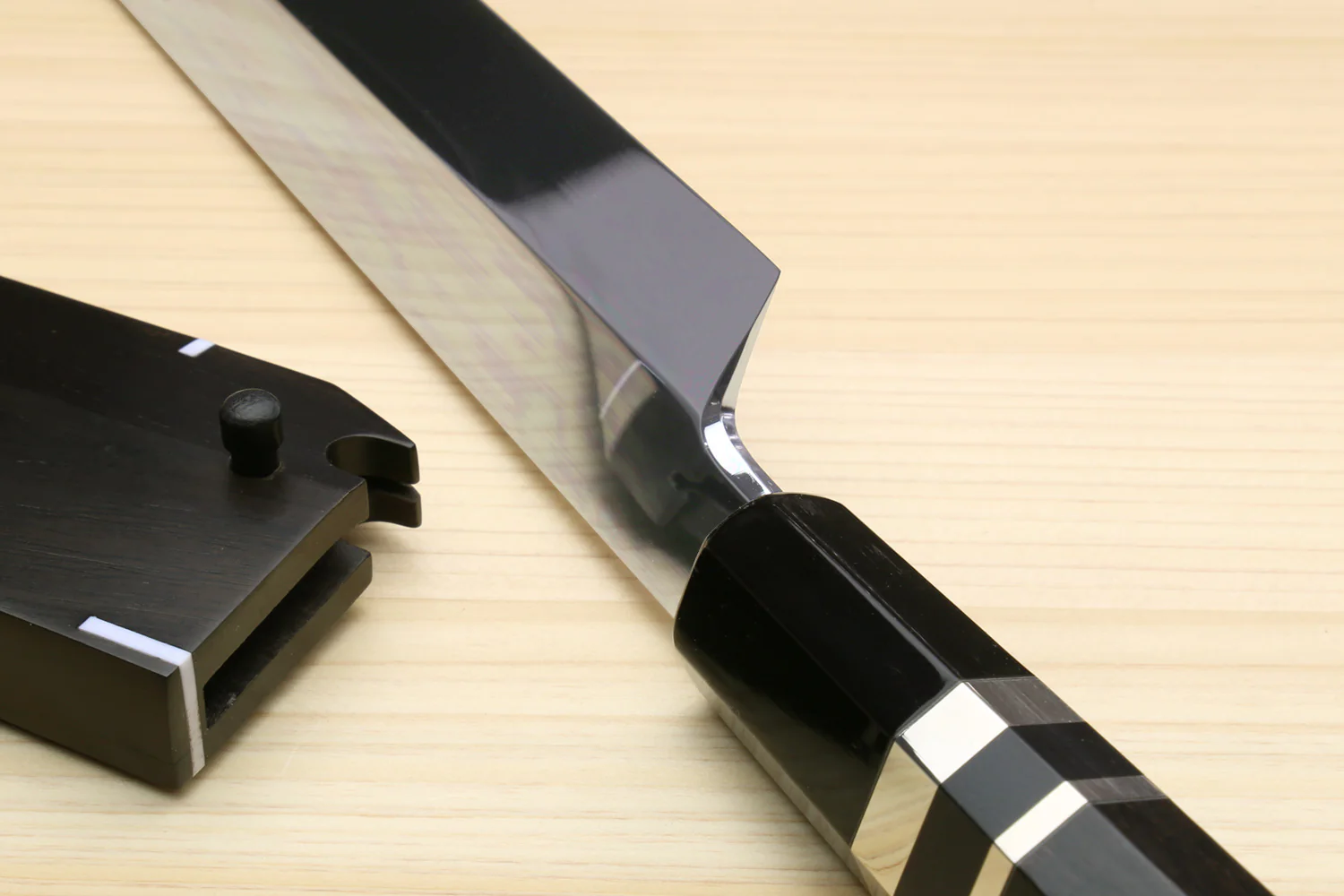Yoshihiro Ikeda Honyaki White Steel Two Sided Mirror-Finished Mt. Fuji with Full Moon (*Crescent Moon on back) 330mm Yanagi Premium Triple Nickel Silver Ring Ebony Handle - IKEDA Limited Edition - Image 6
