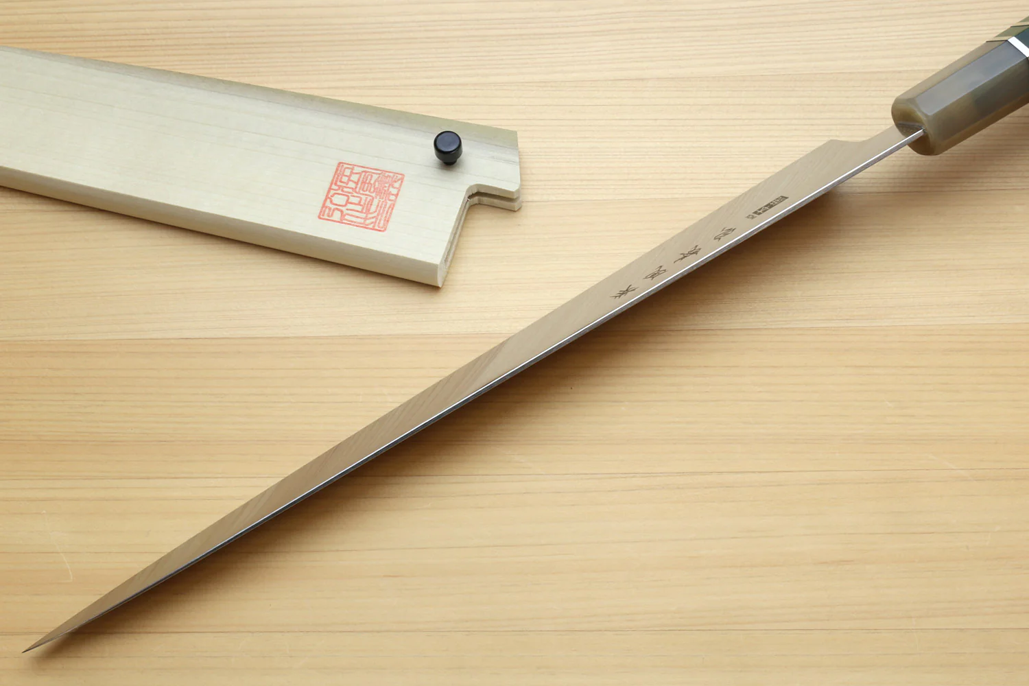 Yoshihiro Inox Honyaki Stain Resistant Steel Wa Sujihiki Slicer Knife with Stabilized Maple Burl Handle and Magnolia Saya - Image 4