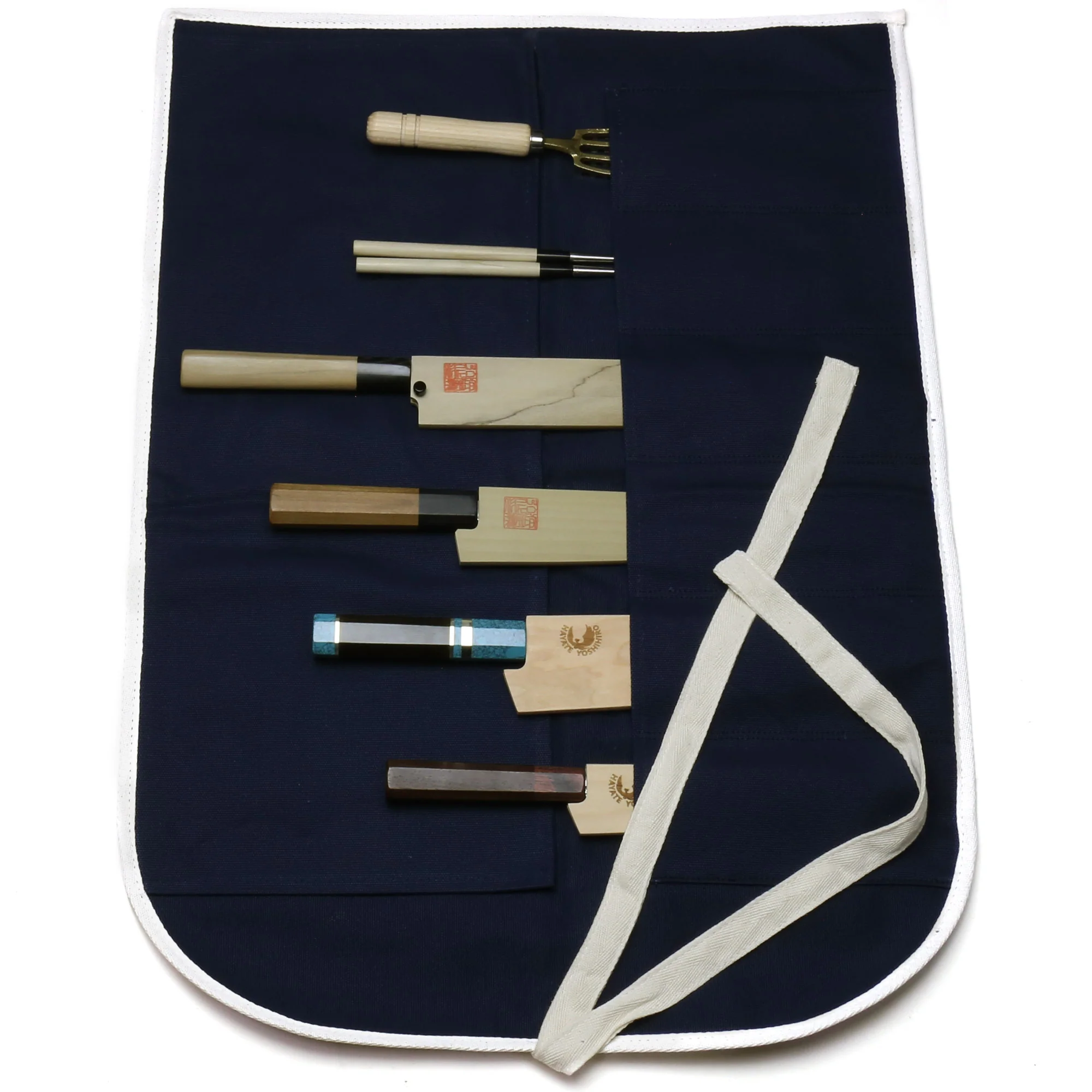 Yoshihiro Japanese Knife Cotton Pouch Bag Dark Navy Color (6 Slots) - Image 4