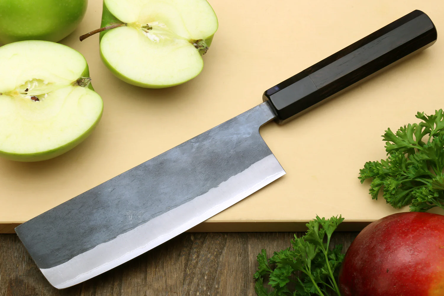 Yoshihiro Kurouchi Black-Forged Blue Steel Stainless Clad Nakiri Japanese Vegetable Knife (Ebony Handle) - Image 4