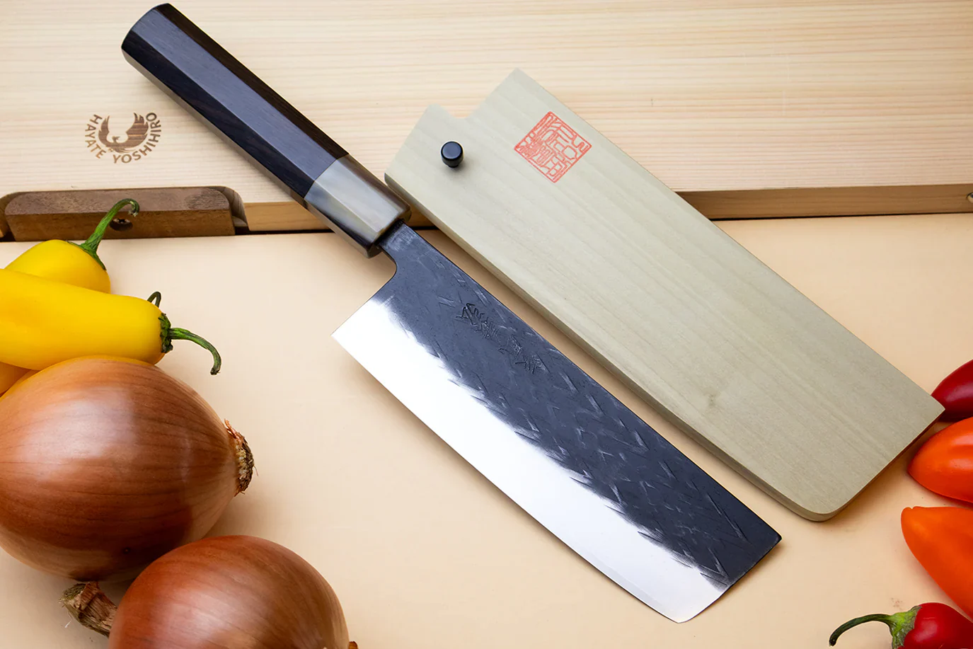 Yoshihiro Kurouchi Stainless Clad Nashiji High Performance SLD Gyuto, Nakiri & Petty 3pc Knife Set with Saya - Image 3
