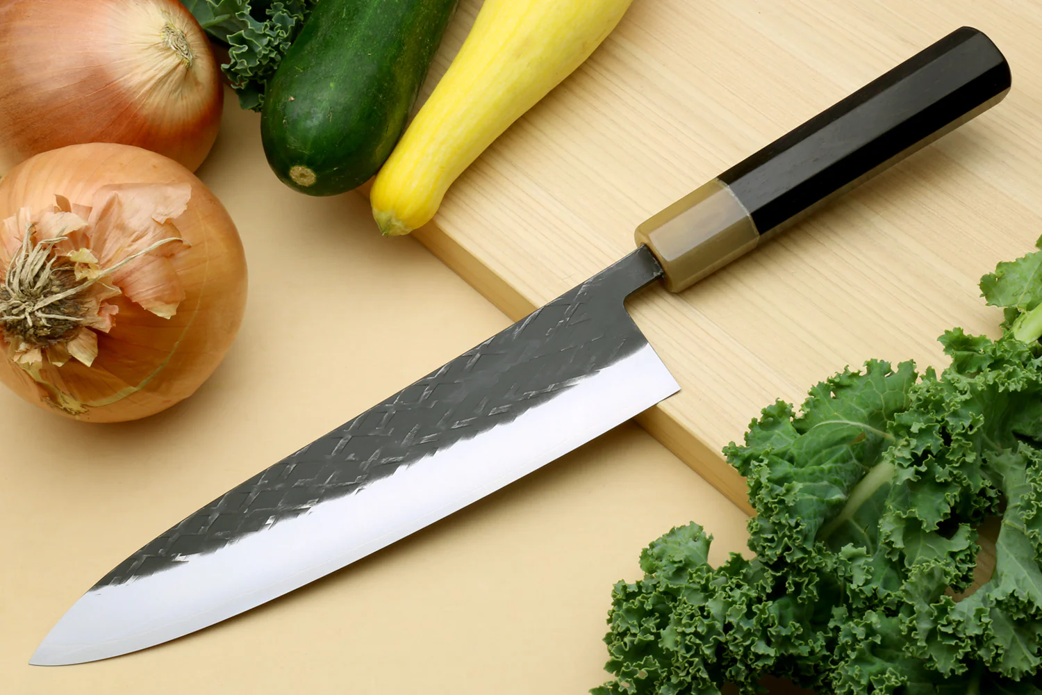 Yoshihiro Kurouchi Stainless Clad Nashiji High Performance SLD Gyuto, Nakiri & Petty 3pc Knife Set with Saya - Image 6
