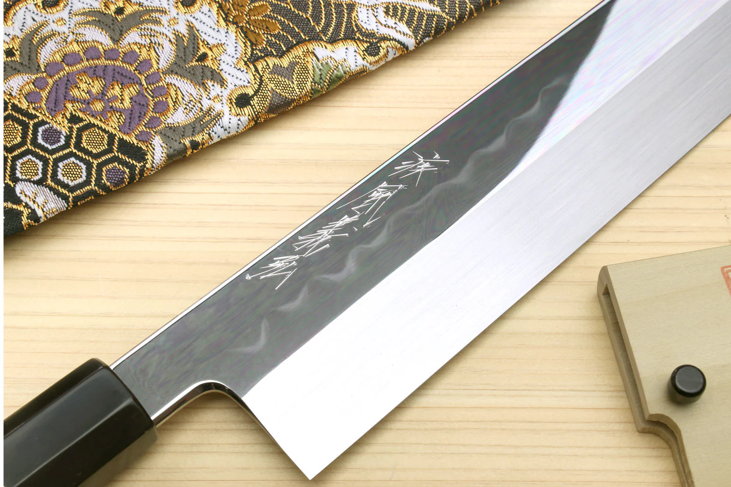 Yoshihiro Mizu Honyaki High Carbon White Steel #2 Mirror-Polished Namiukashi Edo Usuba  Japanese Traditional Vegetable Knife Triple Silver Ring Ebony Handle - Image 4
