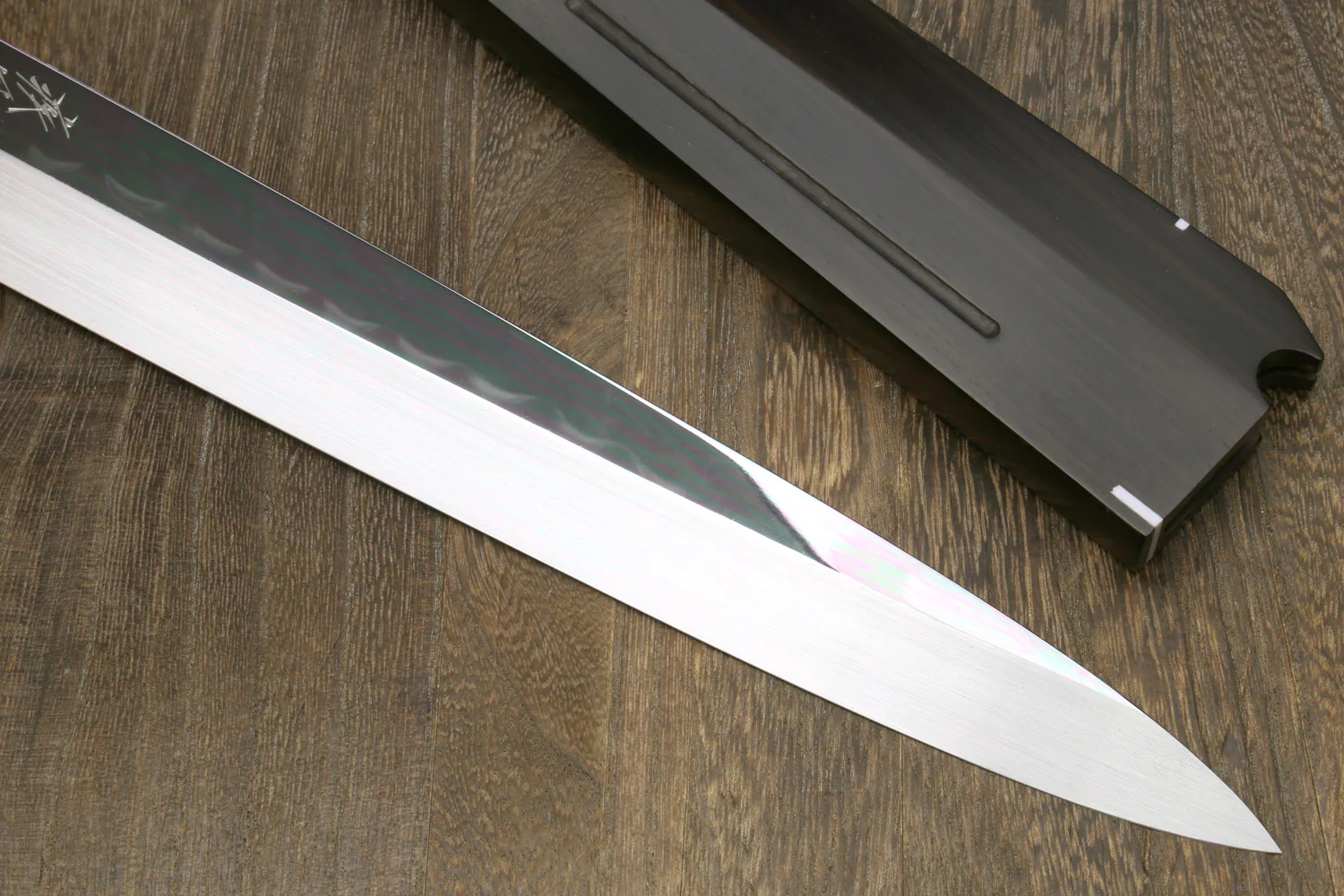 Yoshihiro Mizu Honyaki Mirror-Finished Namiukashi White Steel #2 Yanagi Sushi Sashimi Japanese Knife Triple Nickel Silver Ring Ebony Handle and Premium Ebony Saya - Image 6