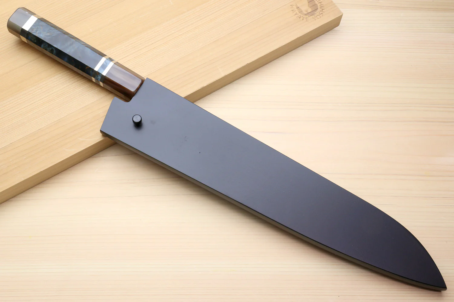 Yoshihiro Mizu Honyaki Shiroko White Steel #1 Mirror Polished Namiukashi Gyuto Japanese Chef Knife with Triple Ring Ocean Blue Handle (Blade Length 10.5" (270mm)) - Image 7
