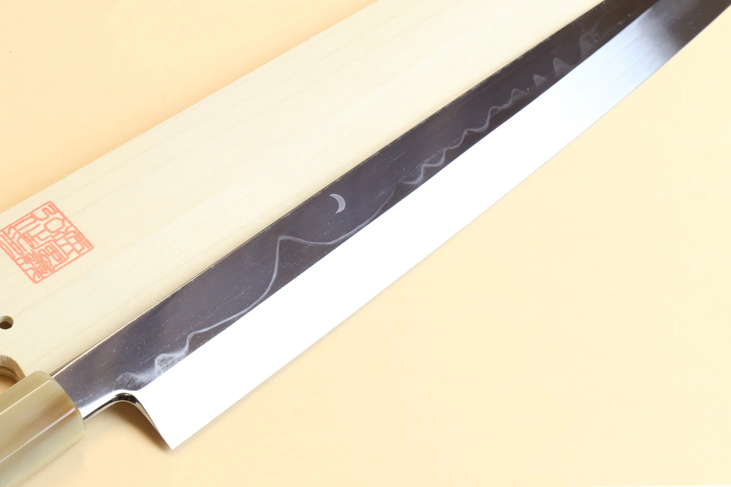 Yoshihiro Mizu Honyaki White Steel #1 Mirror-Finished MT. Fuji with Crescent Moon Yanagi Ebony Handle with Triple Nickel Silver Ring - Image 2