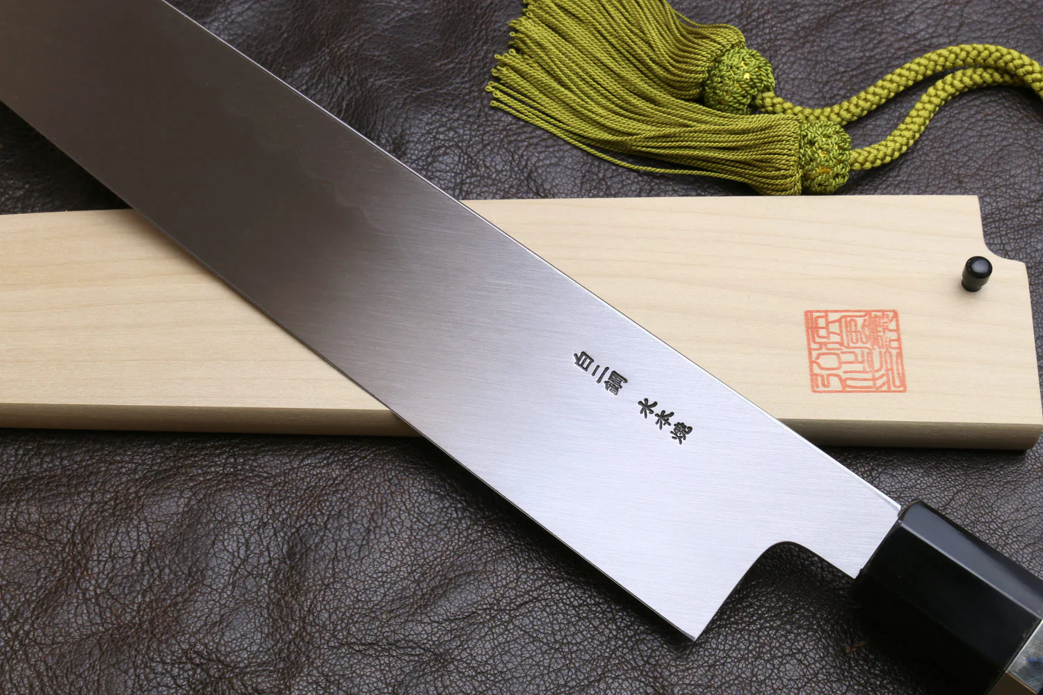 Yoshihiro Mizu Honyaki White Steel #2 Mirror Polished Mt. Fuji with Full Moon Kiritsuke with Oct. Ebony Triple Nickel Silver Ring Handle - Image 4