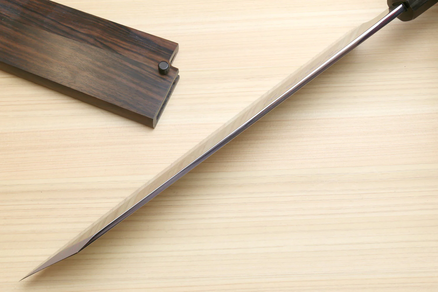 Yoshihiro Mizu Honyaki White Steel #2 Mirror-Polished Namiukashi Kiritsuke Knife Ebony wood Handle & Ebony Saya - Image 7