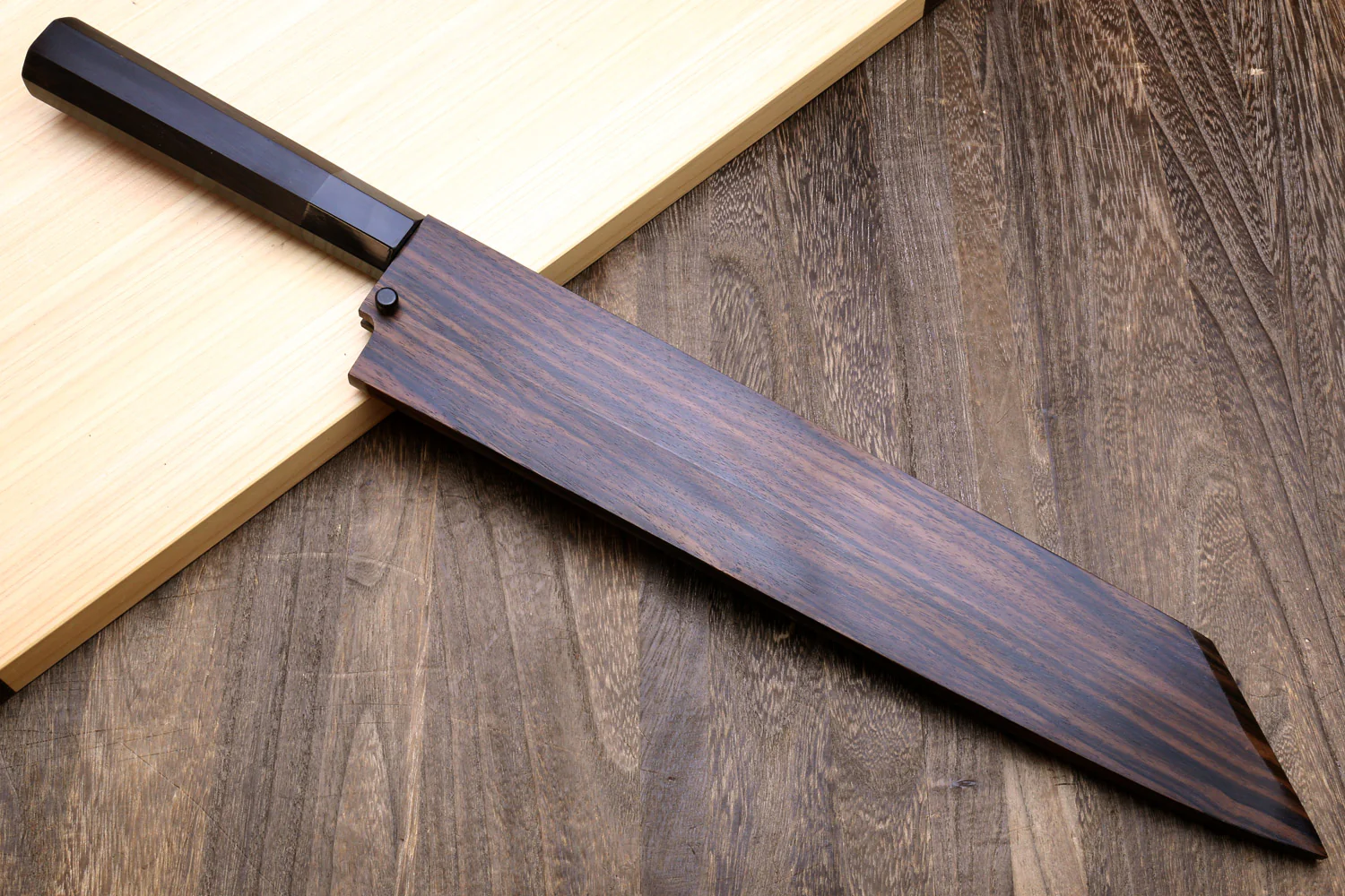 Yoshihiro Mizu Honyaki White Steel #2 Mirror-Polished Namiukashi Kiritsuke Knife Ebony wood Handle & Ebony Saya - Image 8