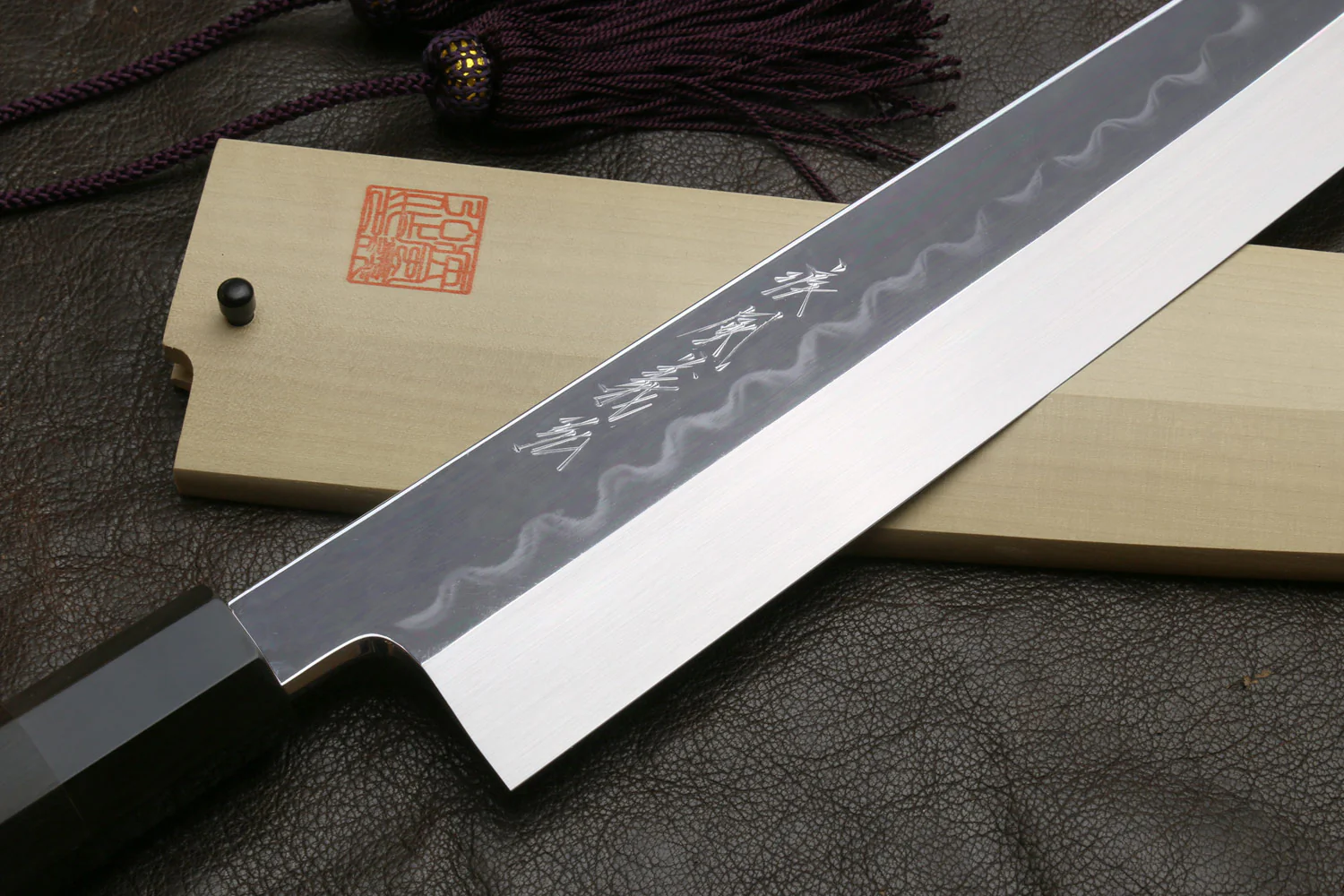 Yoshihiro Mizu Honyaki White Steel #2 Mirror-Polished Namiukashi Kiritsuke Knife Ebony wood Handle & Saya - Image 2