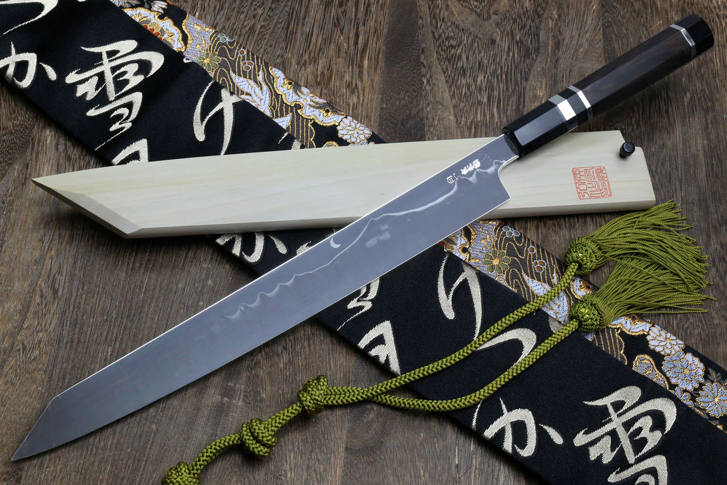 Yoshihiro IKEDA Mizu Honyaki White Steel Mirror-Finished Mt. Fuji with Full Moon (*Crescent Moon on back) Yanagi Kiritsuke Premium Ebony Handle with Triple Nickel Silver Ring - Image 4