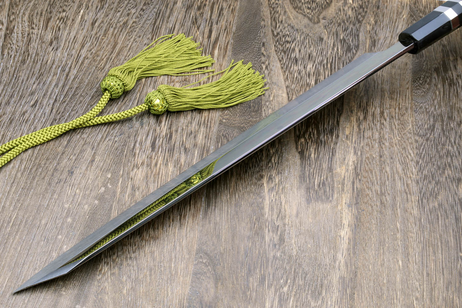 Yoshihiro IKEDA Mizu Honyaki White Steel Mirror-Finished Mt. Fuji with Full Moon (*Crescent Moon on back) Yanagi Kiritsuke Premium Ebony Handle with Triple Nickel Silver Ring - Image 7