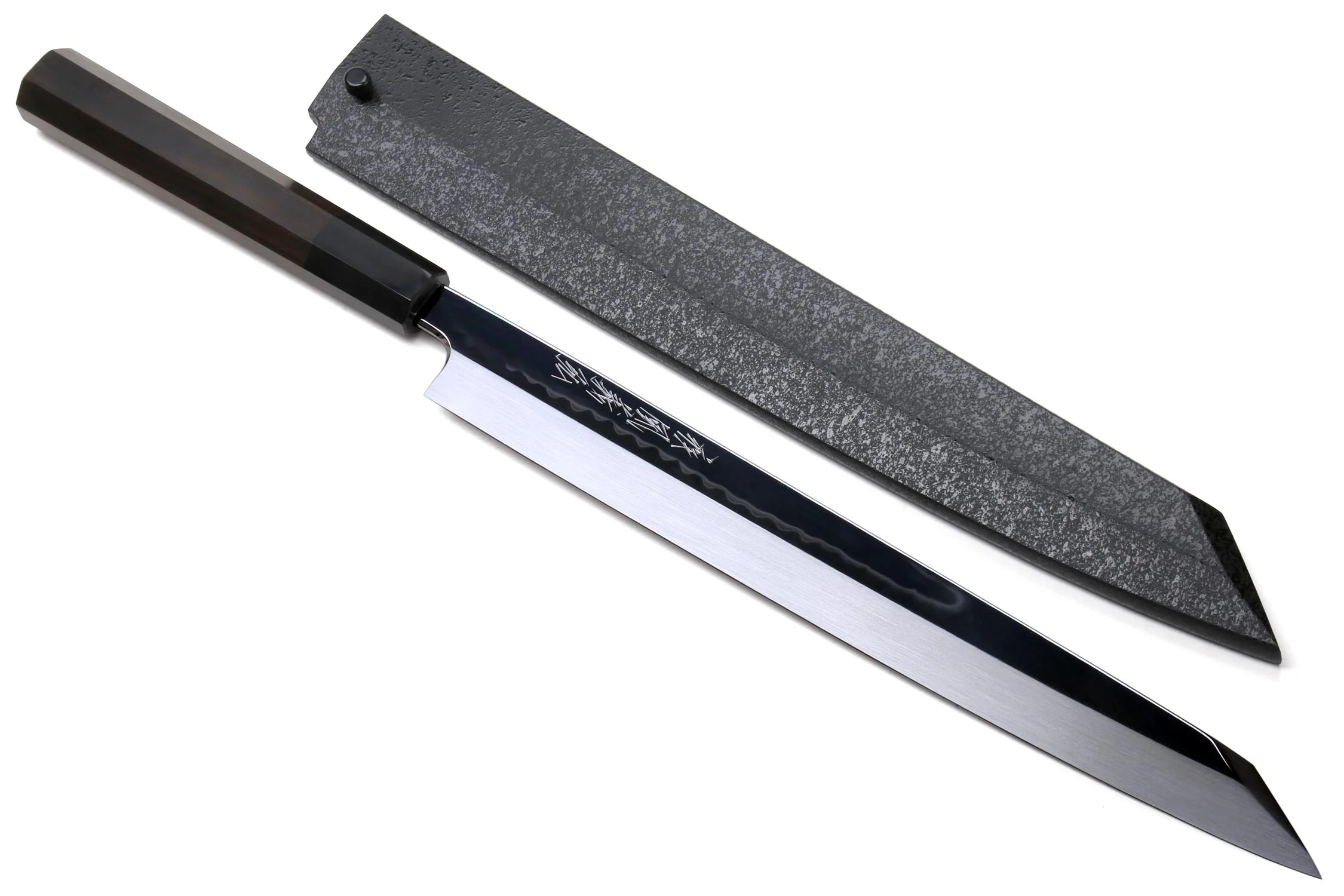 Yoshihiro Mizu Honyaki White Steel Mirror-Finished Namiukashi Yanagi Kiritsuke Ebony Handle - Image 11