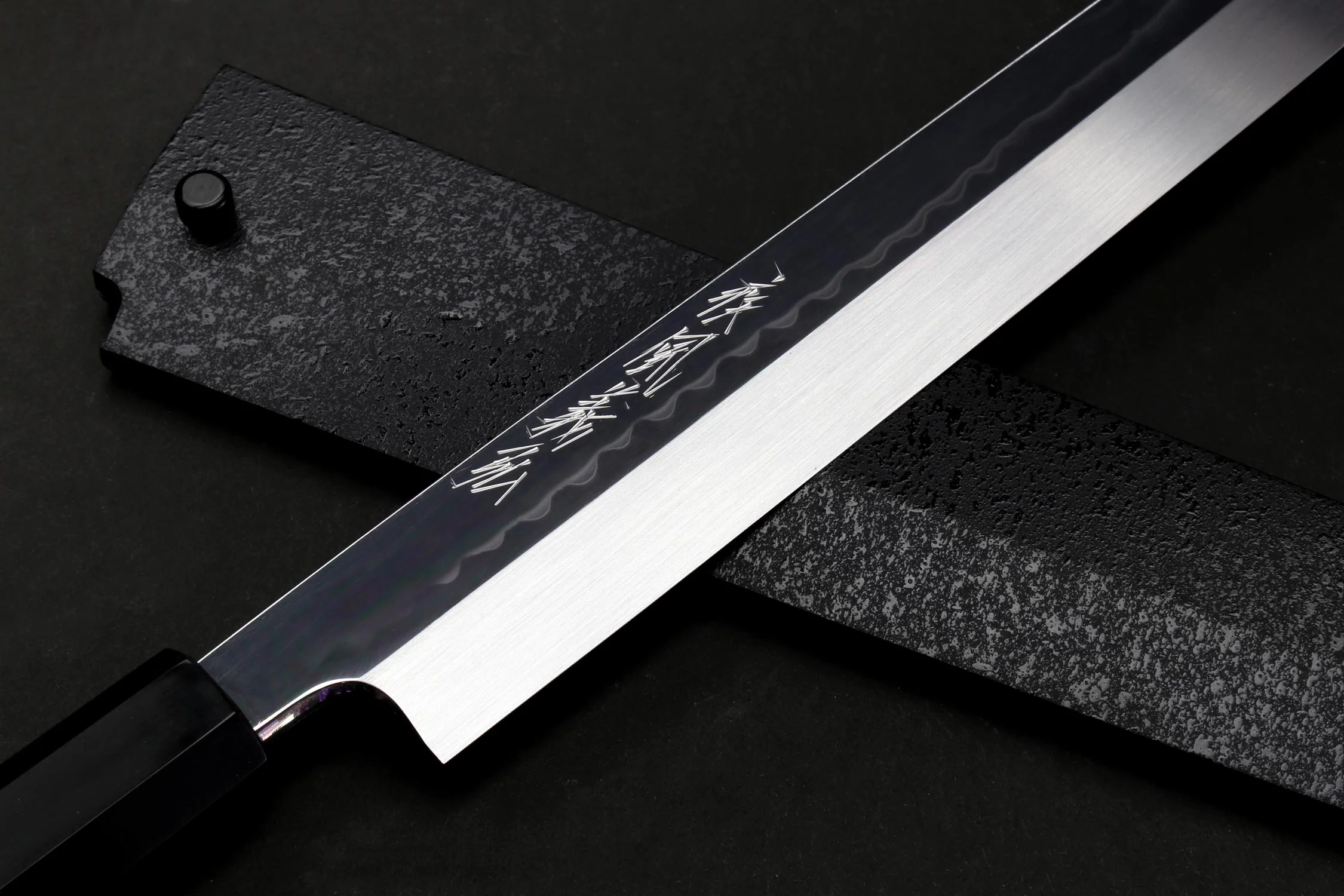 Yoshihiro Mizu Honyaki White Steel Mirror-Finished Namiukashi Yanagi Kiritsuke Ebony Handle - Image 5