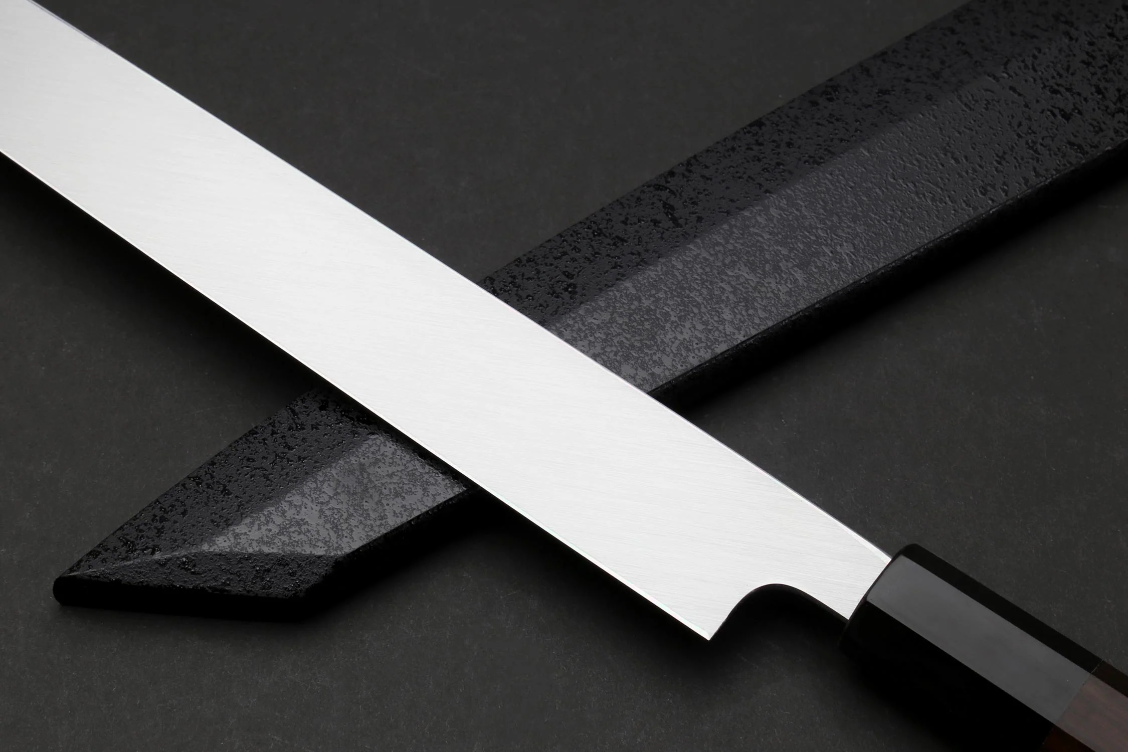 Yoshihiro Mizu Honyaki White Steel Mirror-Finished Namiukashi Yanagi Kiritsuke Ebony Handle - Image 6