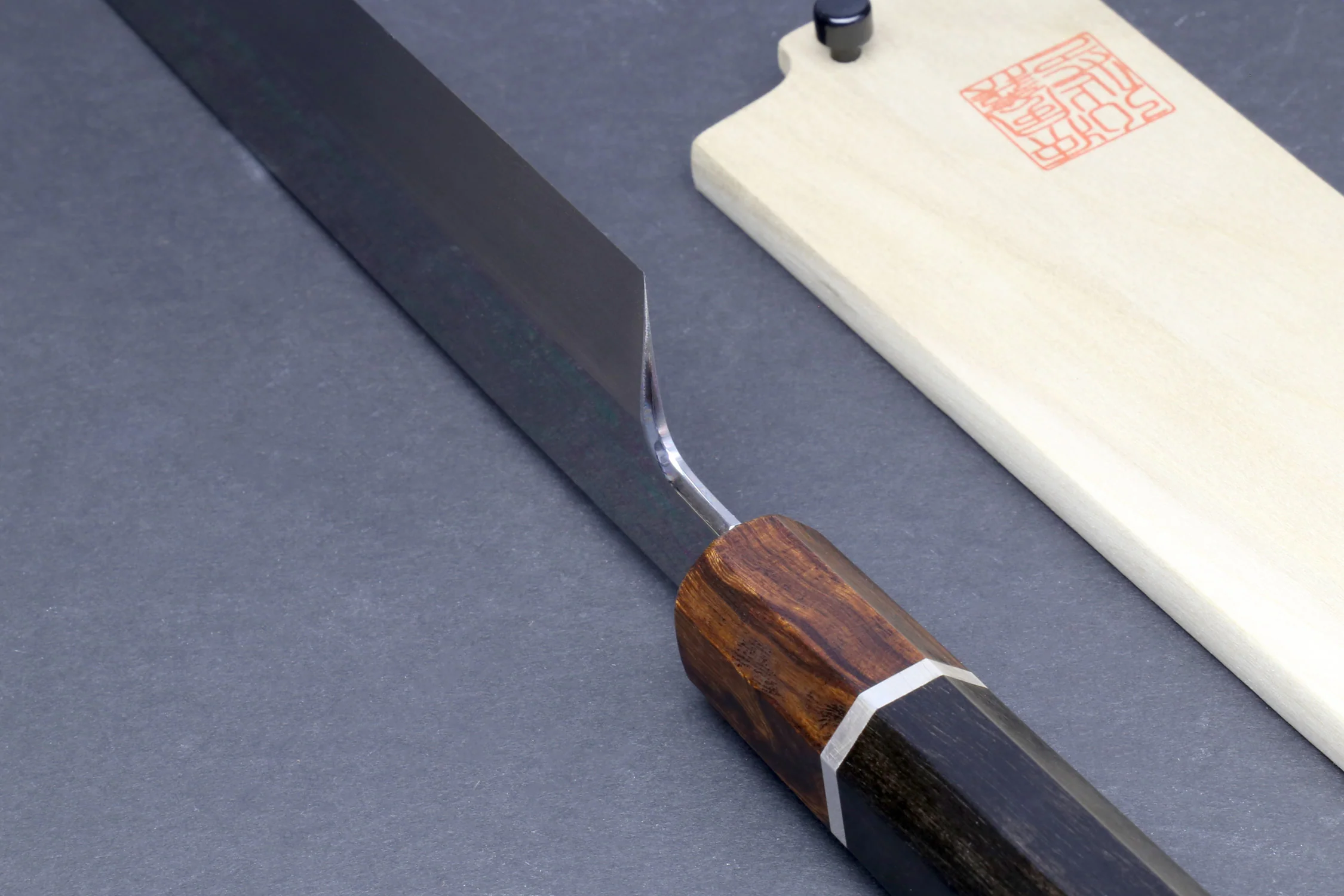 Yoshihiro Mizu Yaki Honyaki Aoko Blue Steel Mirror Finished Kiritsuke Japanese Multipurpose Knife Ebony Handle and Silver Ring - Image 6